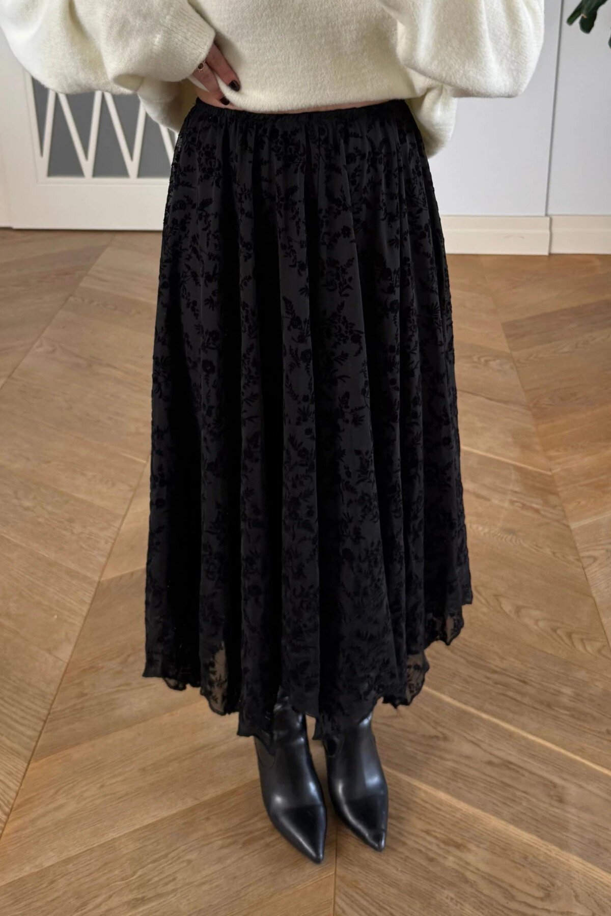 Midi Floral Asymmetric Modest Skirt - Black - MOZENA