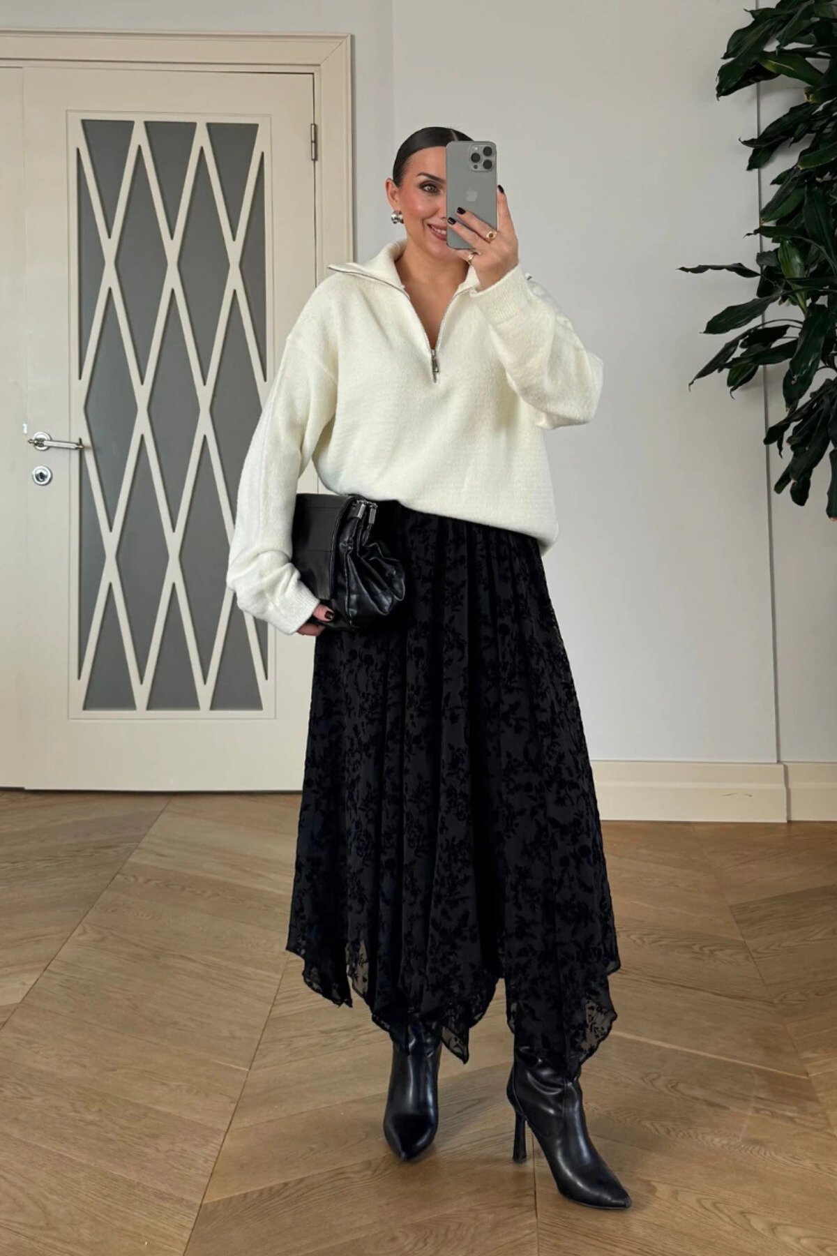 Midi Floral Asymmetric Modest Skirt - Black - MOZENA