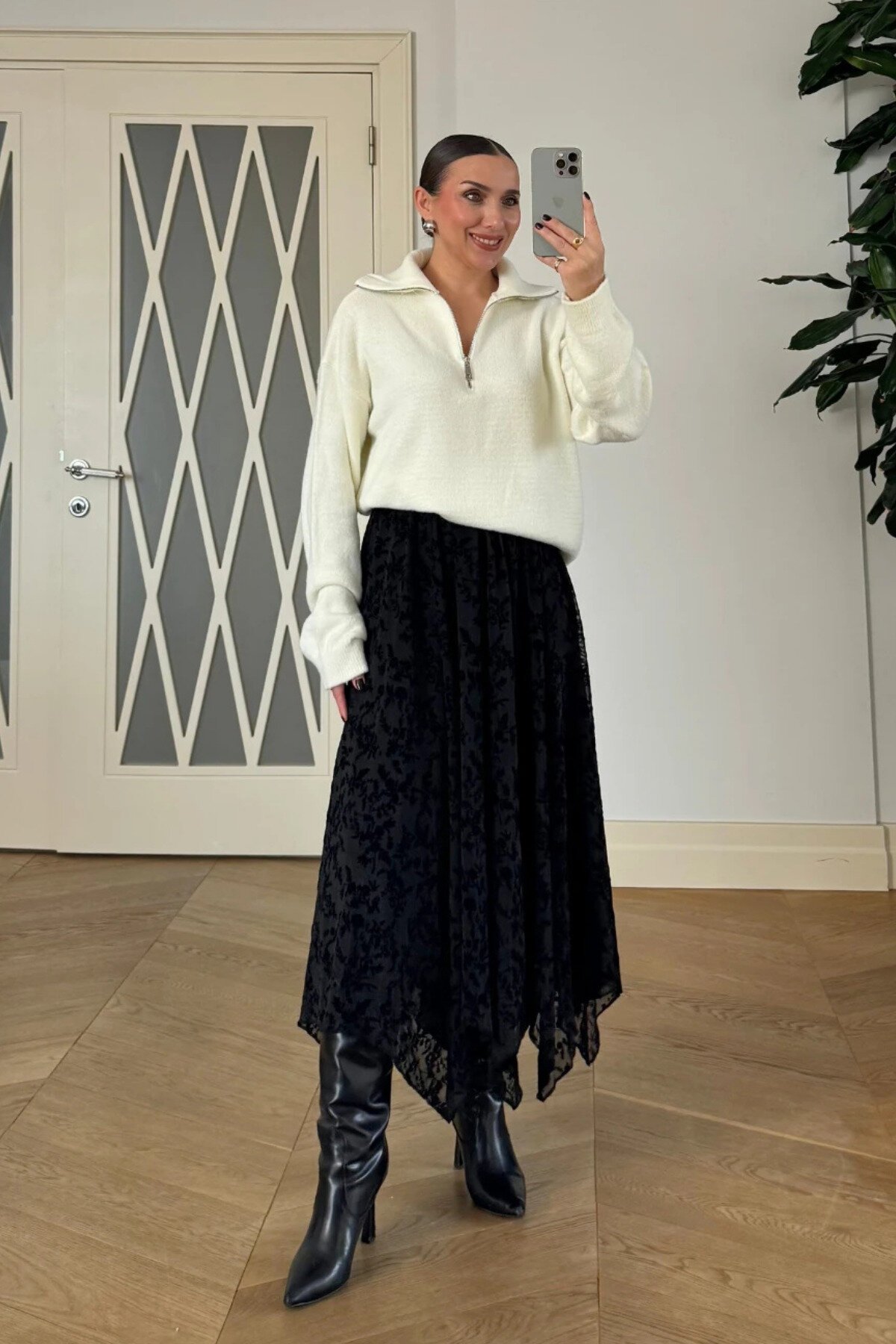 Midi Floral Asymmetric Modest Skirt - Black - MOZENA