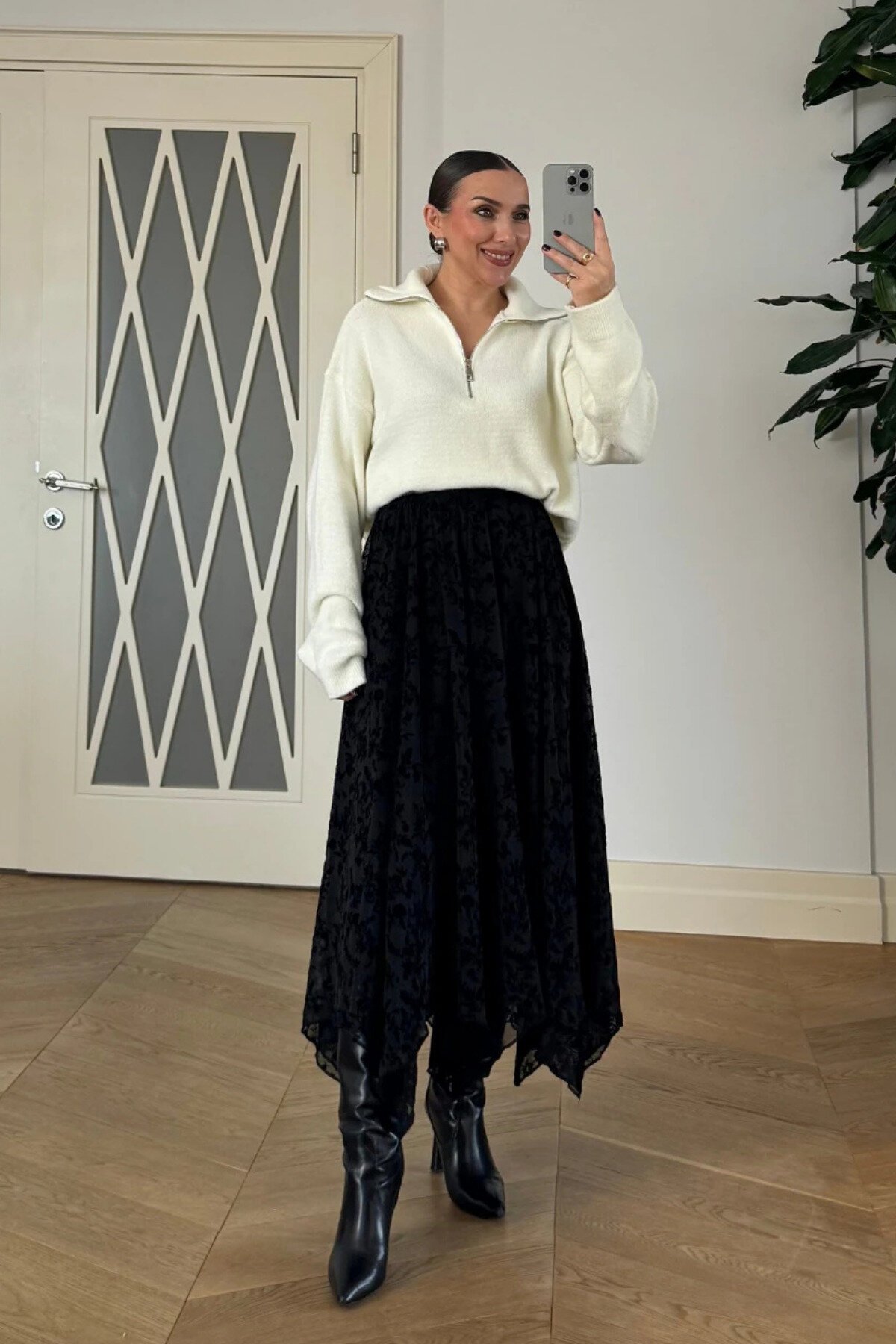 Midi Floral Asymmetric Modest Skirt - Black - MOZENA