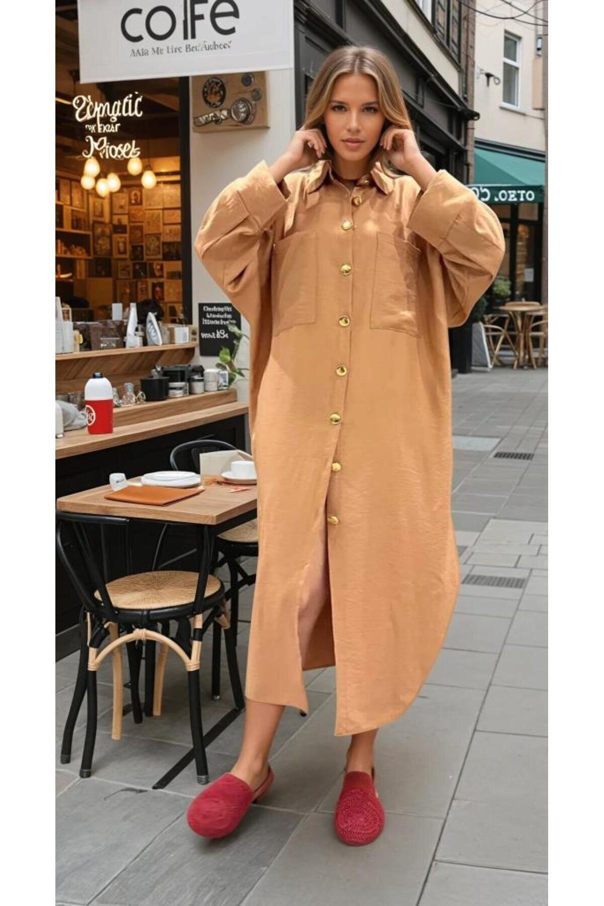 Modest Linen Blend Batwing Sleeve Tunic - Beige - Pasaklı Giyim