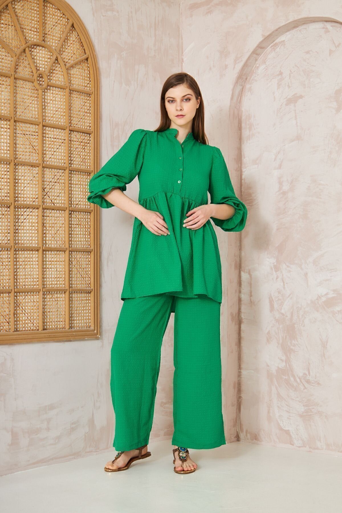 Benetton Gofre Balon Kol Büzgülü Tunik Pantolonlu Tesettür Takım - Pasaklı Giyim