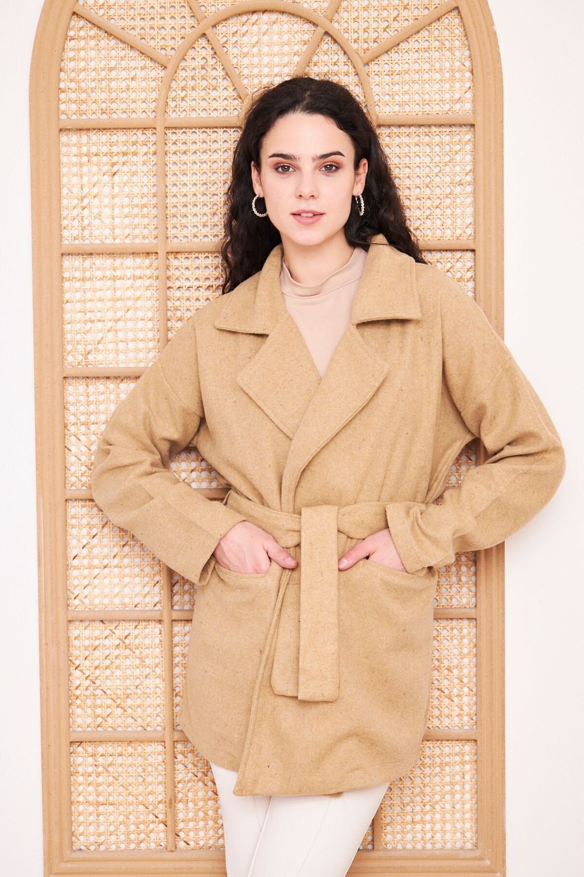 Oversize Relaxed Fit Belted Lapel Modest Coat - Camel - Pasaklı Giyim