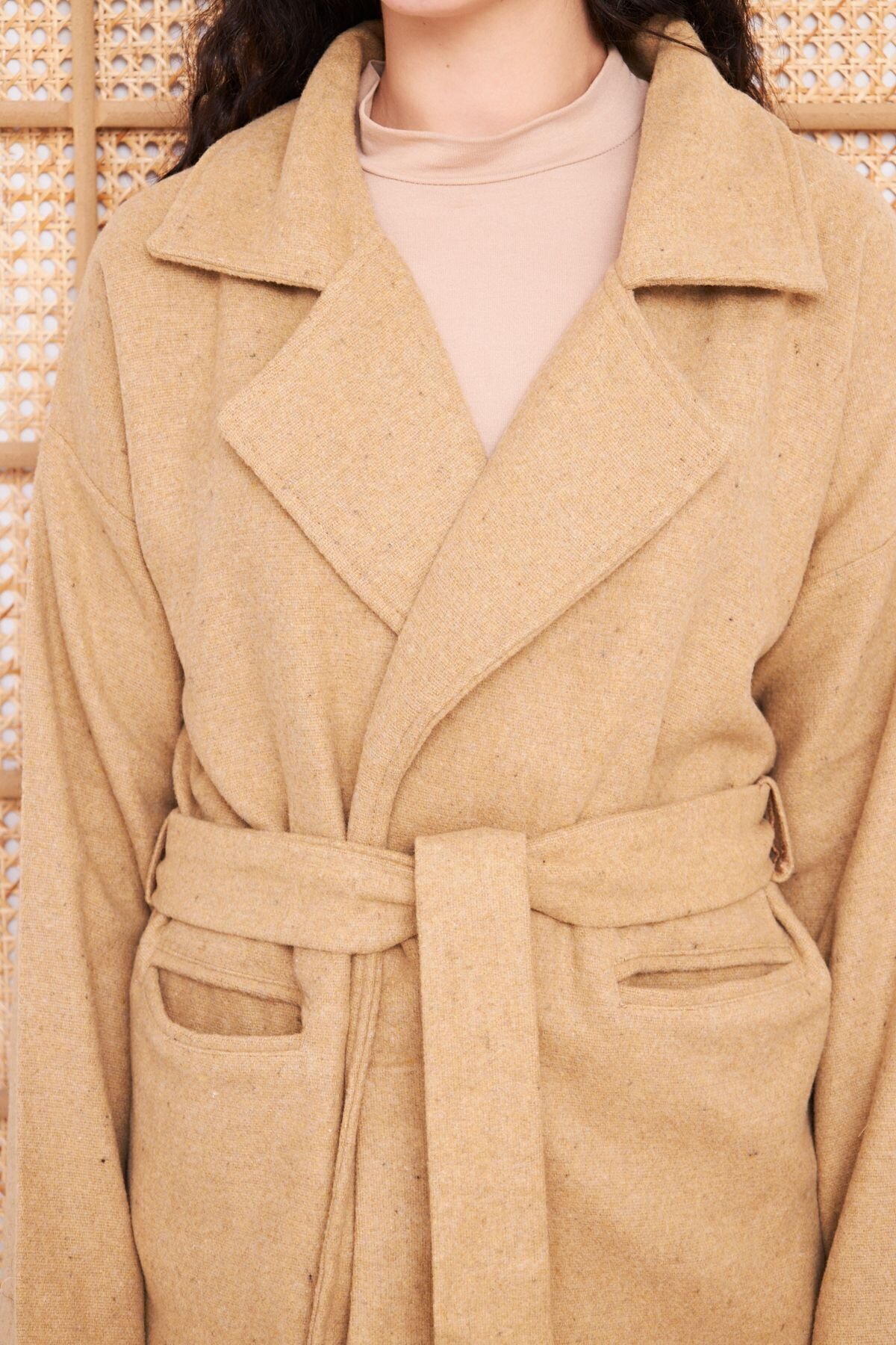 Oversize Relaxed Fit Belted Lapel Modest Coat - Camel - Pasaklı Giyim