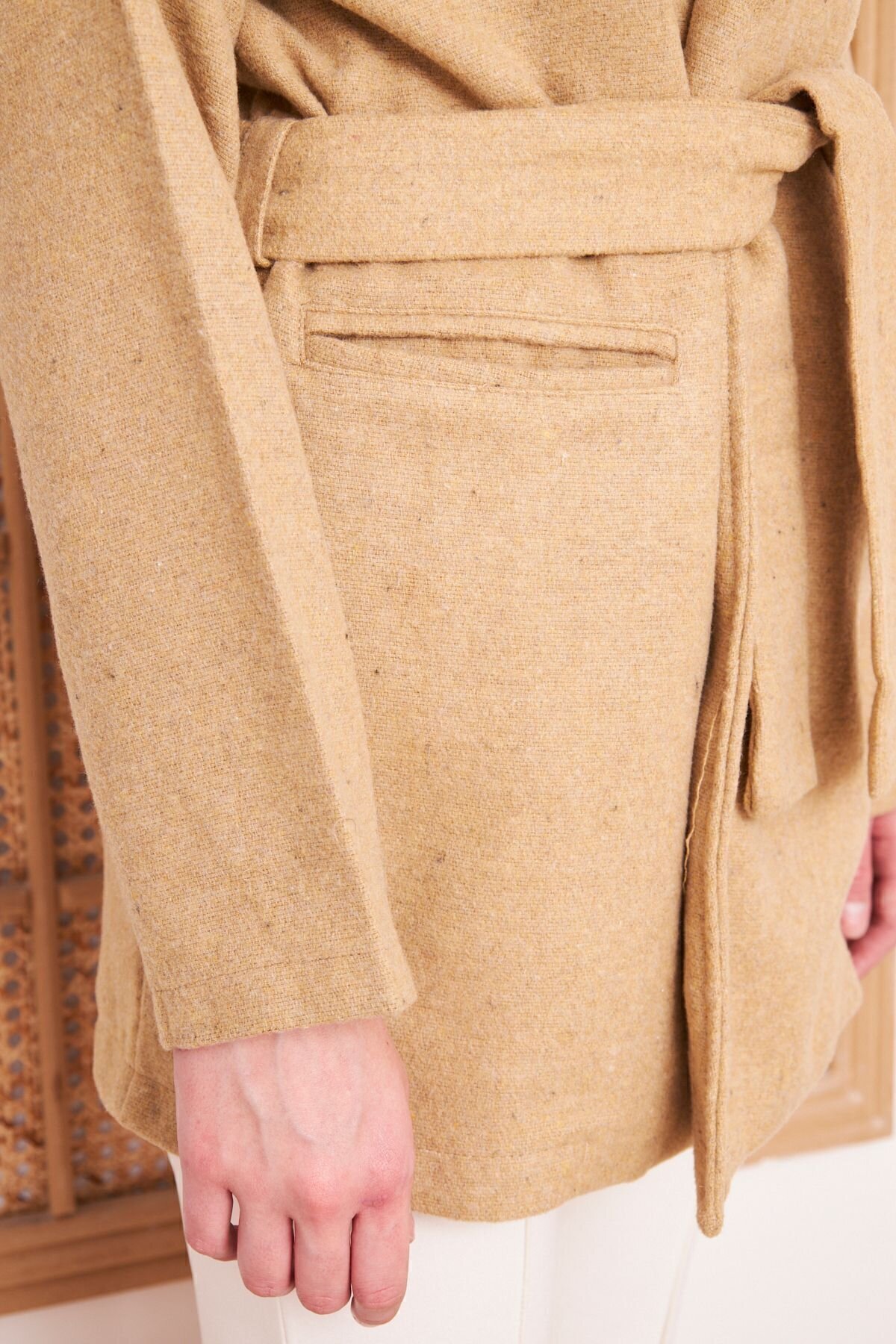 Oversize Relaxed Fit Belted Lapel Modest Coat - Camel - Pasaklı Giyim