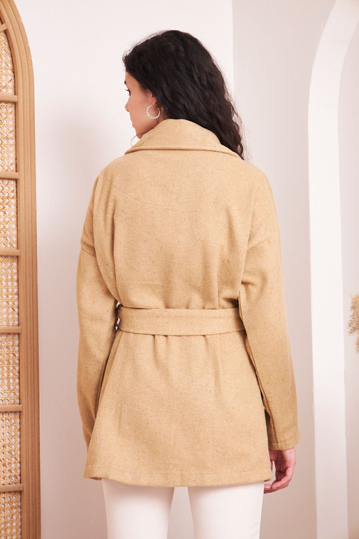 Oversize Relaxed Fit Belted Lapel Modest Coat - Camel - Pasaklı Giyim