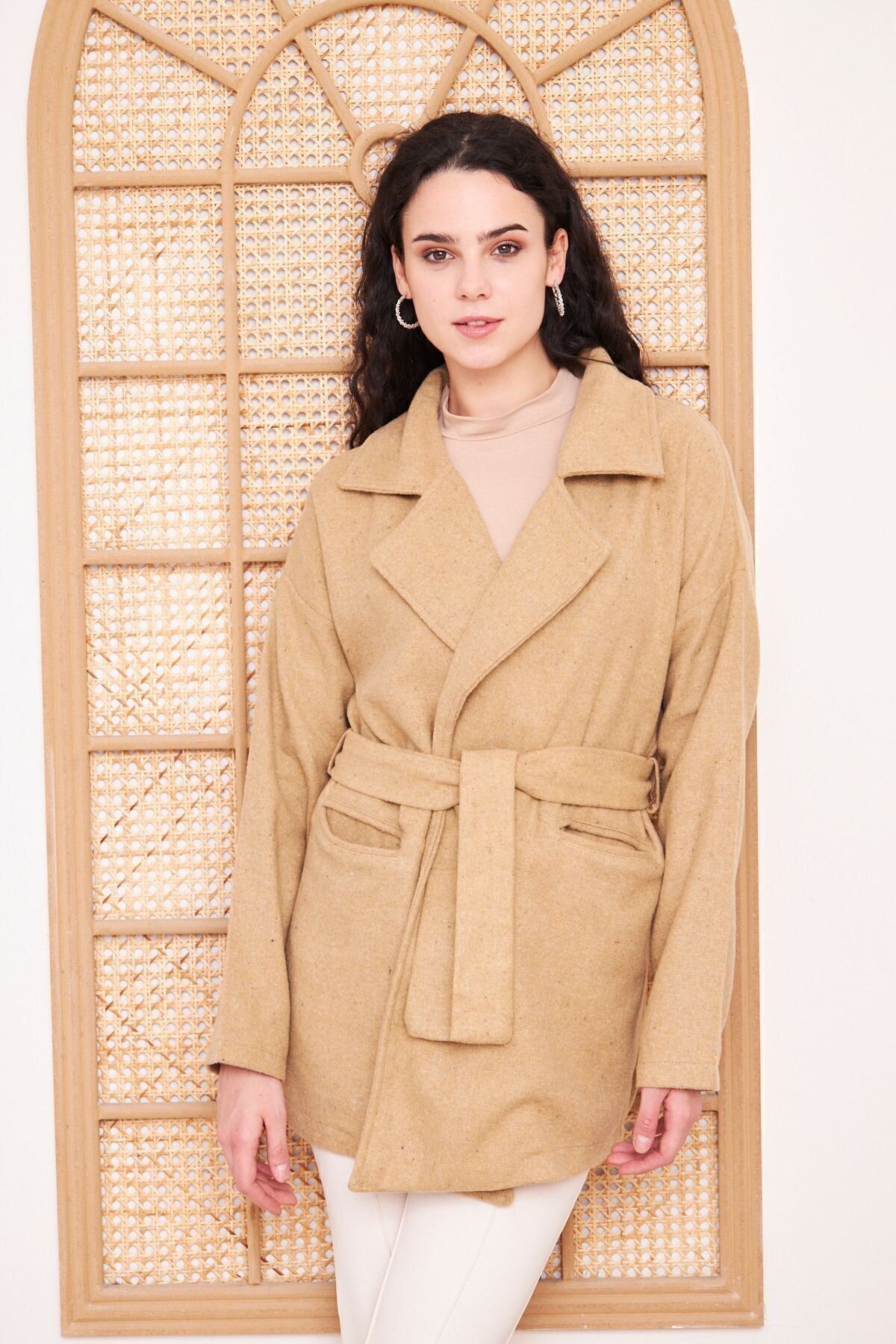 Oversize Relaxed Fit Belted Lapel Modest Coat - Camel - Pasaklı Giyim
