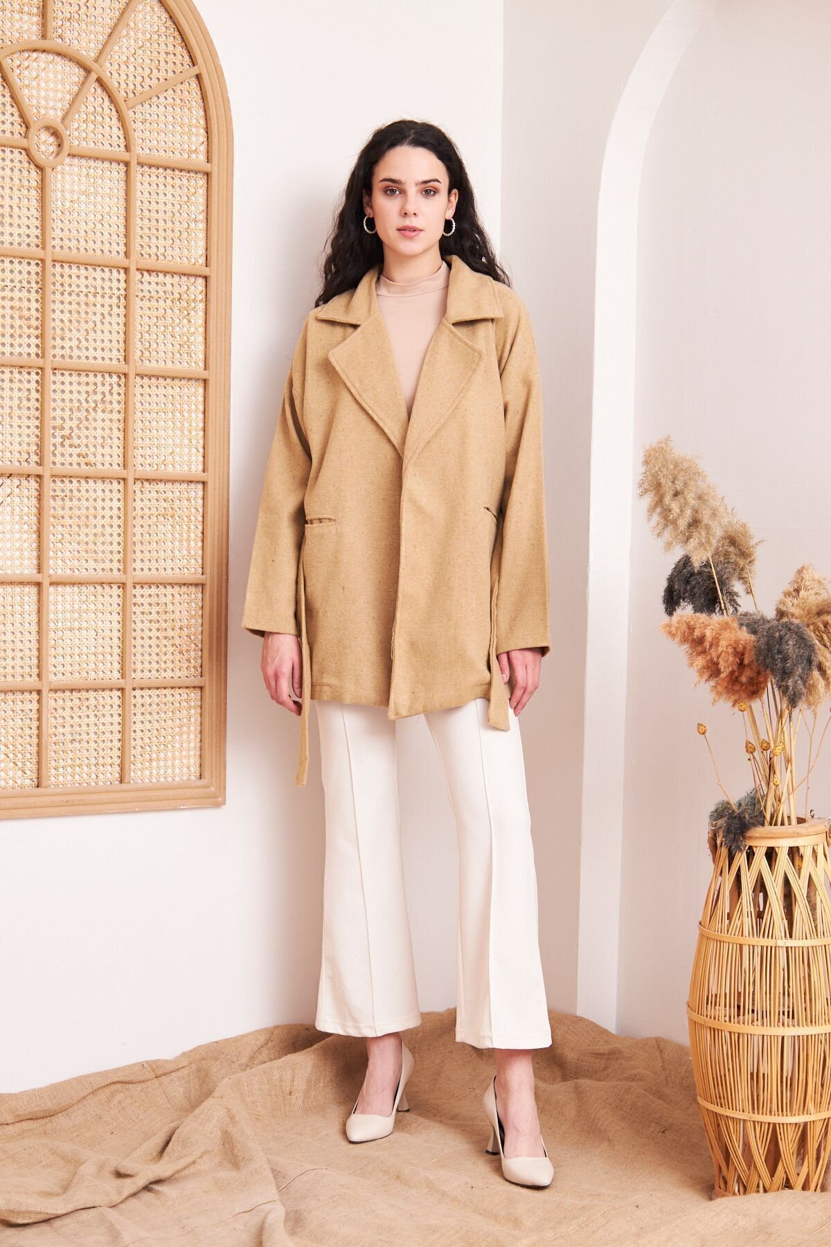 Oversize Relaxed Fit Belted Lapel Modest Coat - Camel - Pasaklı Giyim