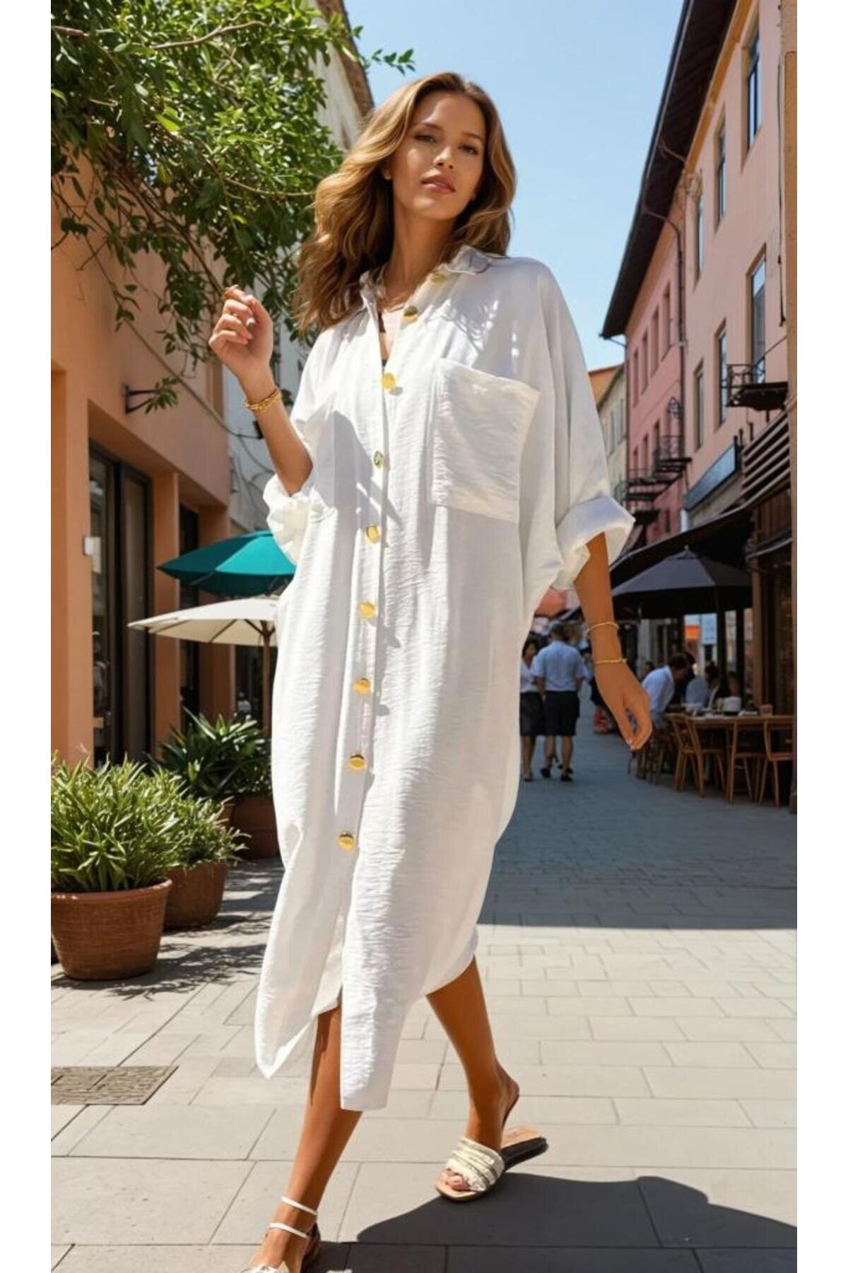Ekru Oversize Yarasa Kol Keten Karışımlı Gömlek Tunik - Pasaklı Giyim