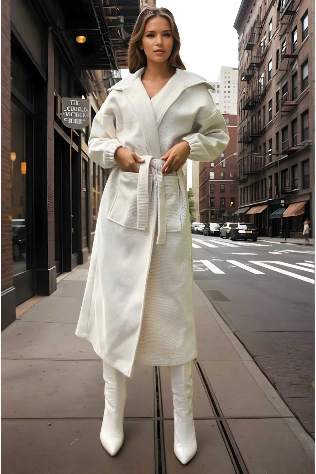 Ekru Salaş Uzun Kalın Örgü Triko Kaban - Pasaklı Giyim