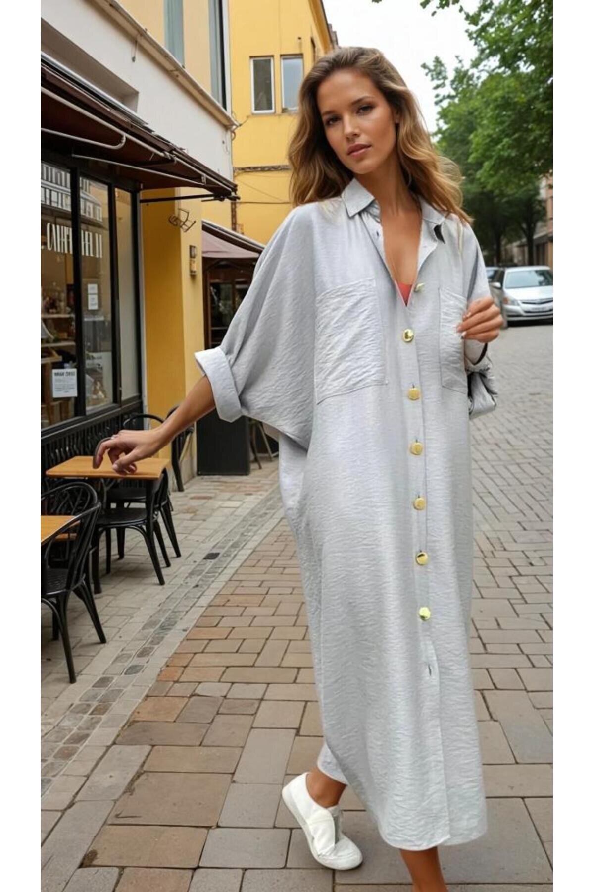 Oversize Batwing Sleeve Shirt Tunic - Grey - Pasaklı Giyim