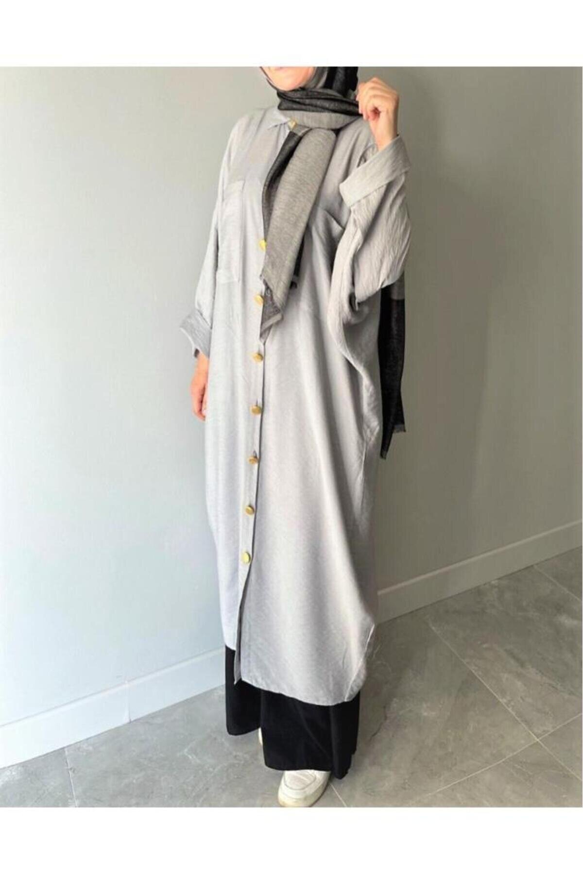Oversize Batwing Sleeve Shirt Tunic - Grey - Pasaklı Giyim