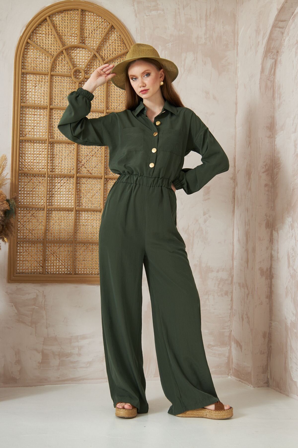 Loose Fit Long Sleeve Cupro Modest Jumpsuit - Khaki - Pasaklı Giyim