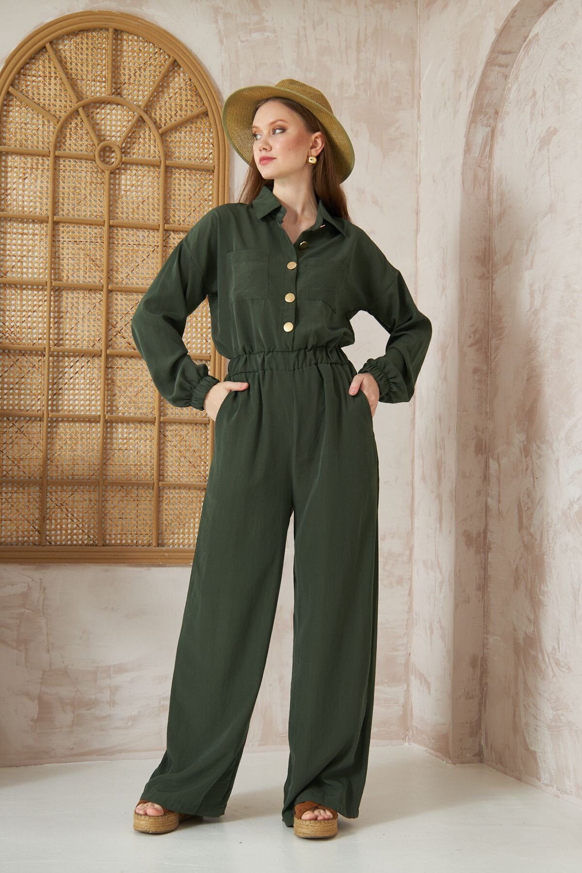 Loose Fit Long Sleeve Cupro Modest Jumpsuit - Khaki - Pasaklı Giyim