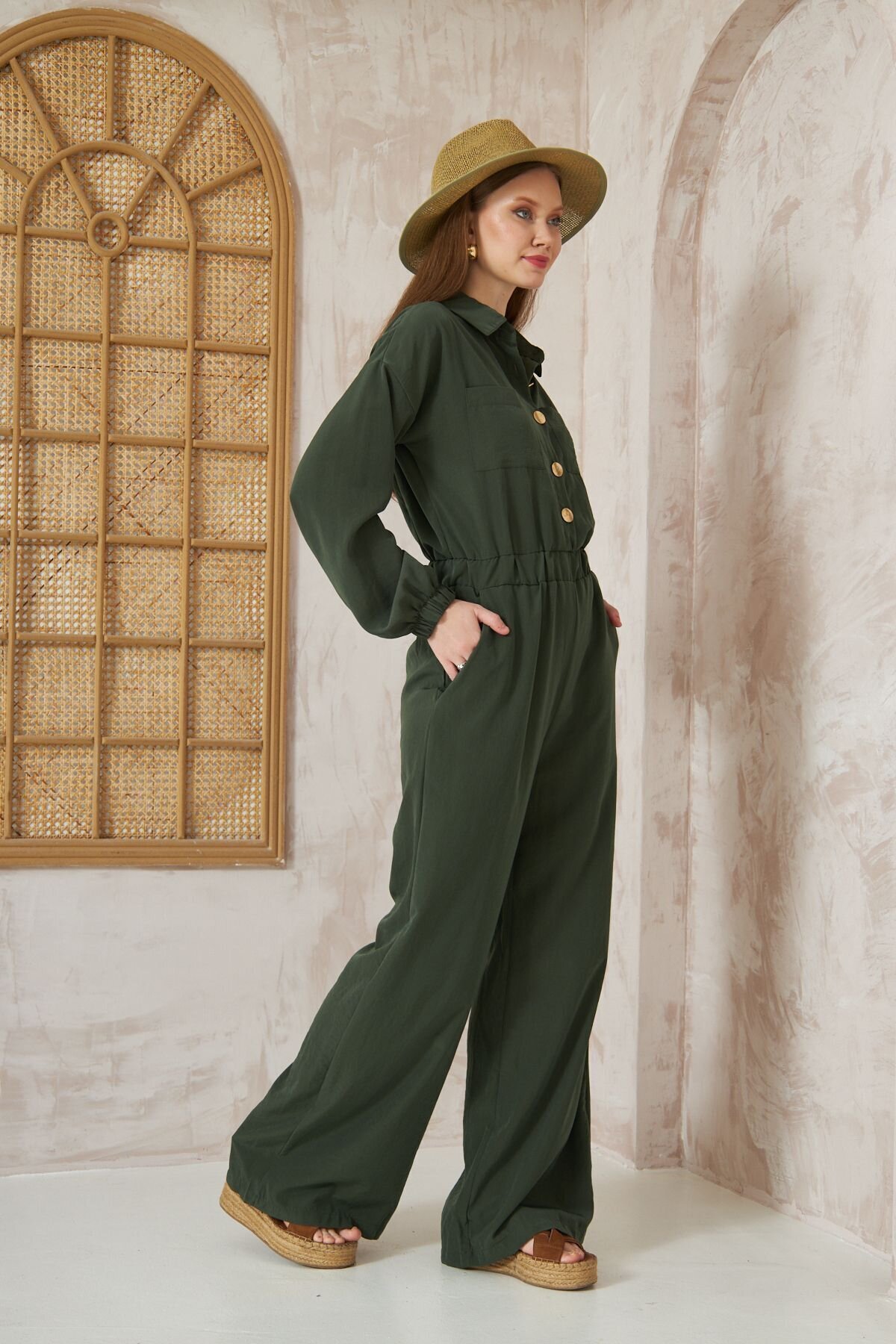 Loose Fit Long Sleeve Cupro Modest Jumpsuit - Khaki - Pasaklı Giyim