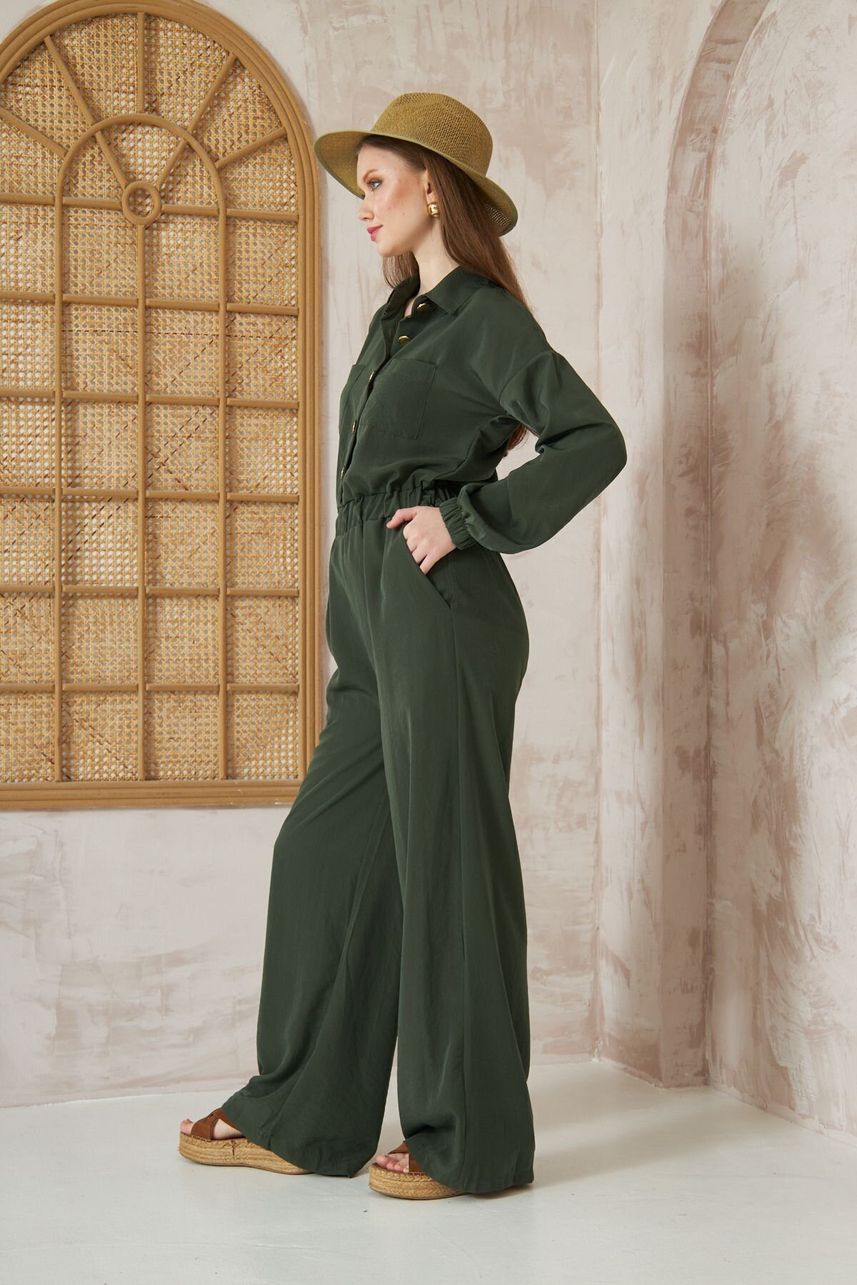 Loose Fit Long Sleeve Cupro Modest Jumpsuit - Khaki - Pasaklı Giyim