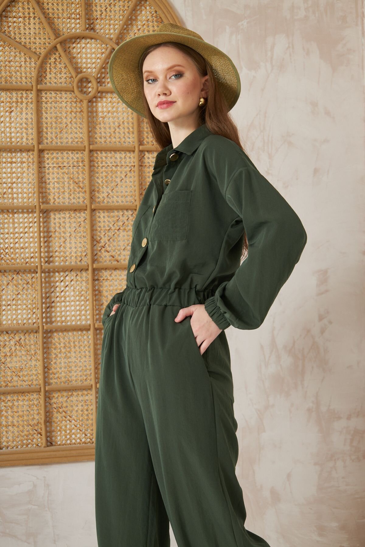 Loose Fit Long Sleeve Cupro Modest Jumpsuit - Khaki - Pasaklı Giyim