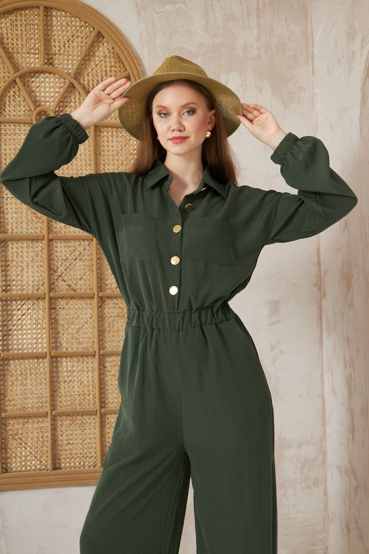 Loose Fit Long Sleeve Cupro Modest Jumpsuit - Khaki - Pasaklı Giyim