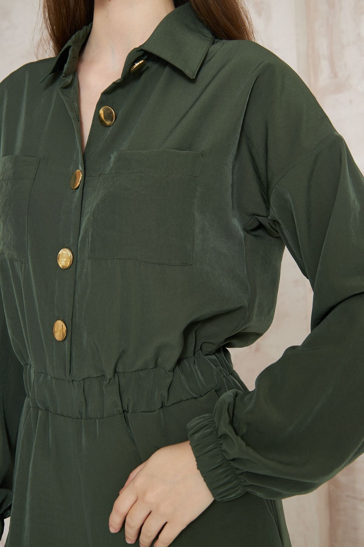 Loose Fit Long Sleeve Cupro Modest Jumpsuit - Khaki - Pasaklı Giyim