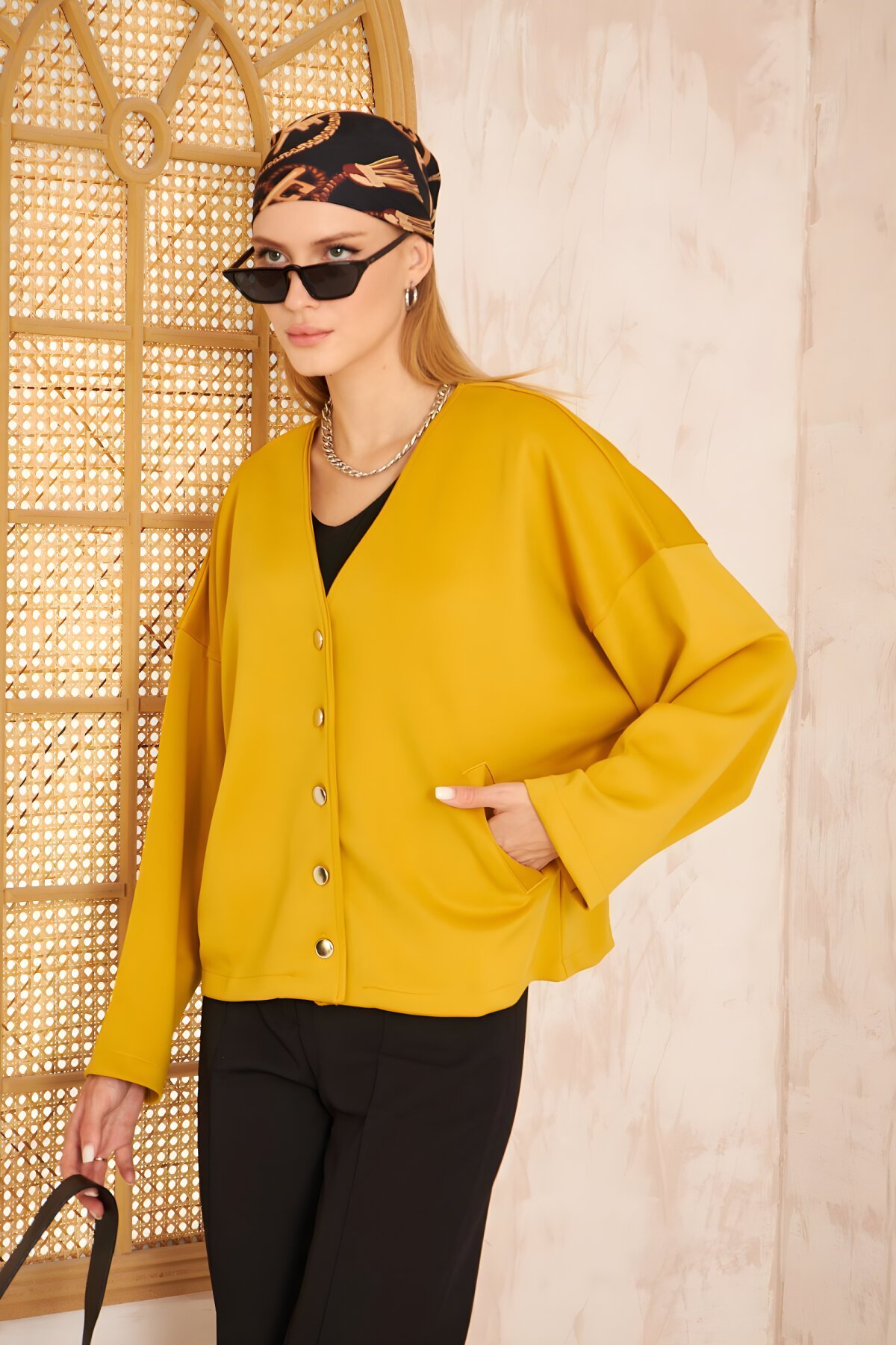 Hardal Scuba Kumaş Gümüş Düğme Detaylı Cepli Ceket Hırka - Pasaklı Giyim