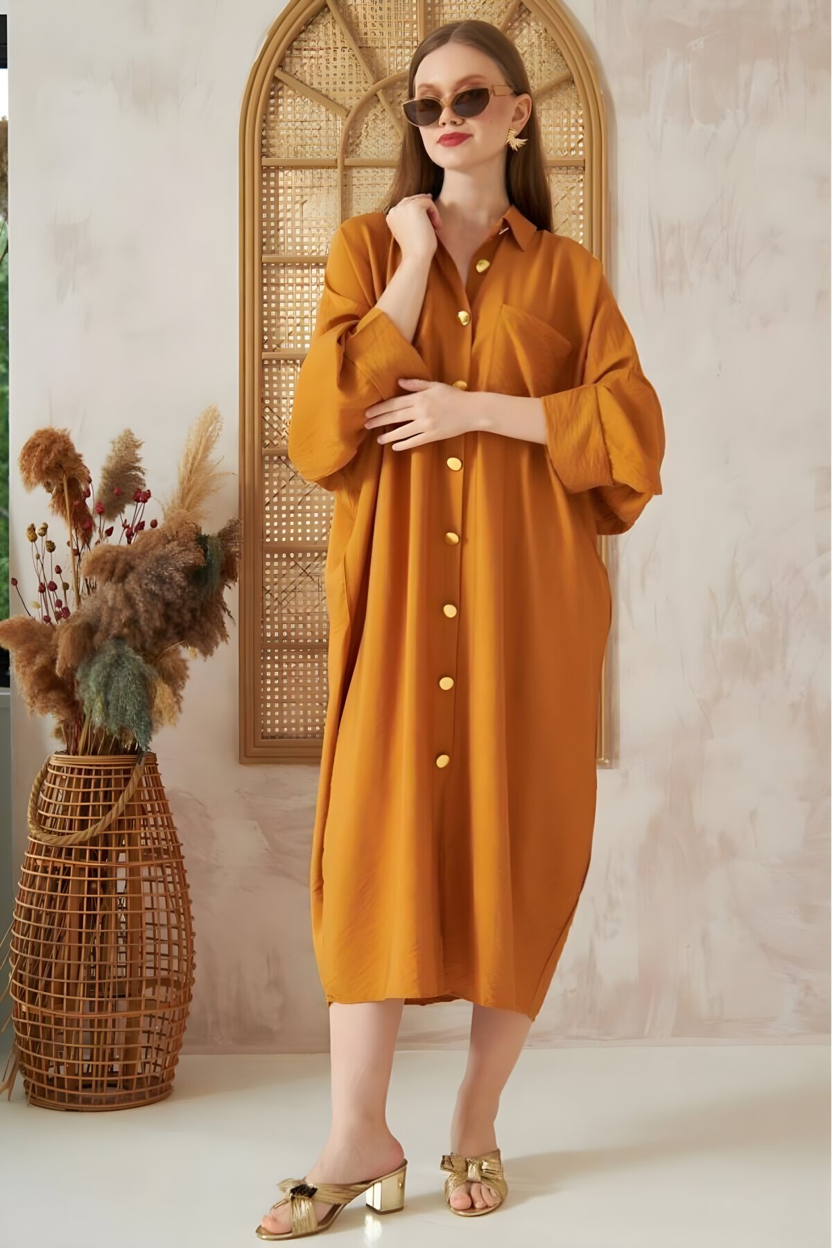 Hardal Yarasa Keten Karışımlı Gömlek Tunik - Pasaklı Giyim