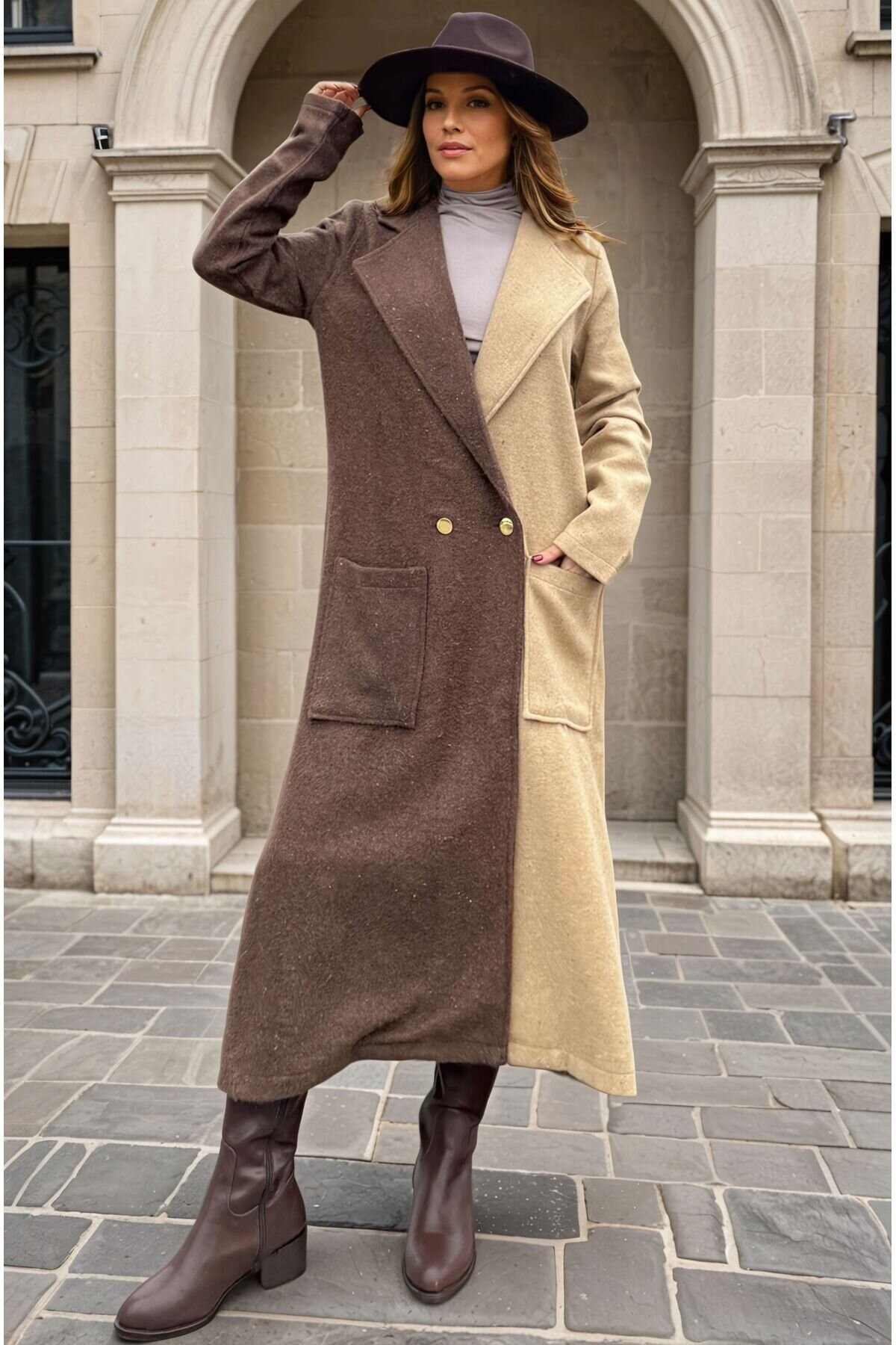 Two-Piece Unlined Melton Modest Coat - Coffee Mink - Pasaklı Giyim