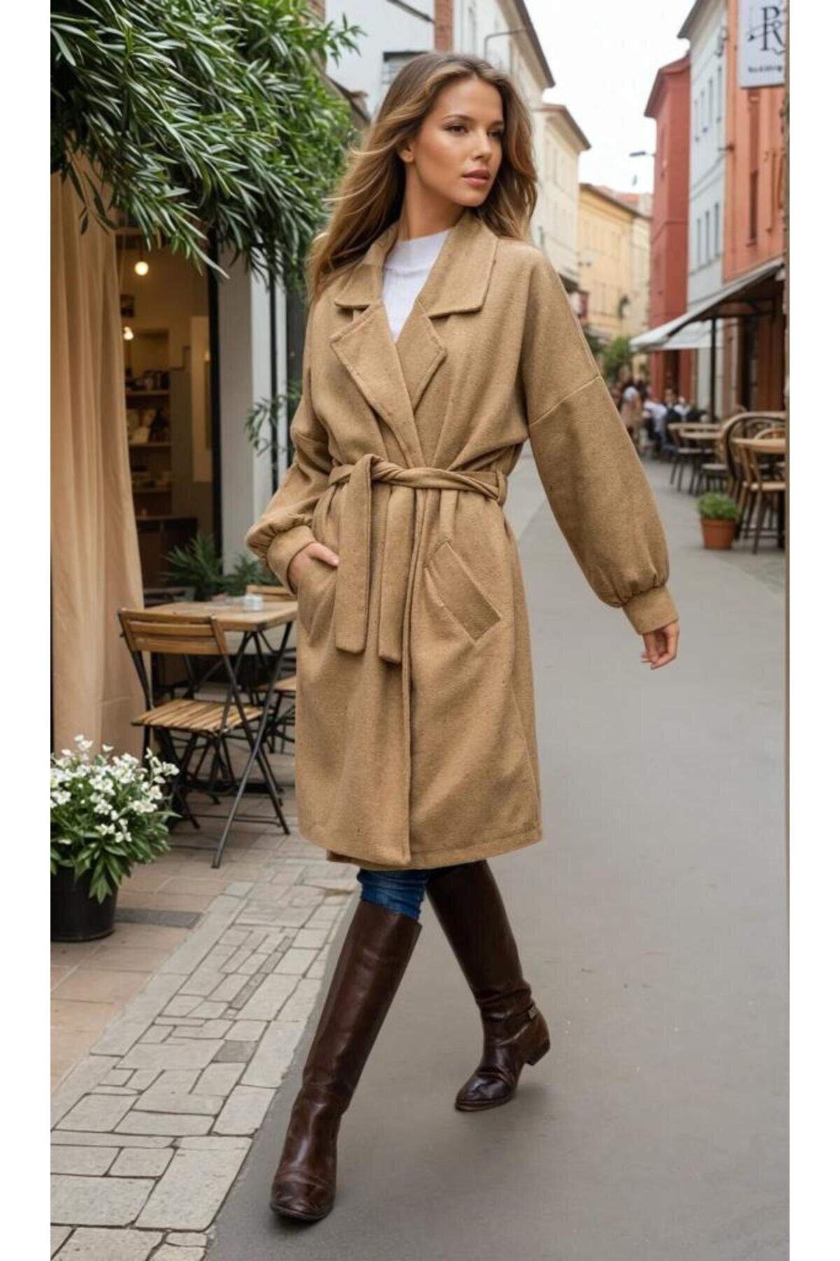 Midi Unlined Melton Modest Overcoat - Caramel Camel - Pasaklı Giyim