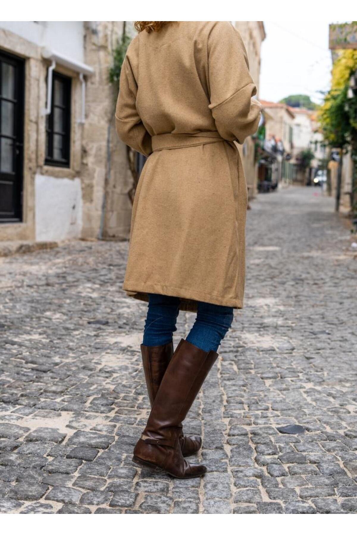 Midi Unlined Melton Modest Overcoat - Caramel Camel - Pasaklı Giyim