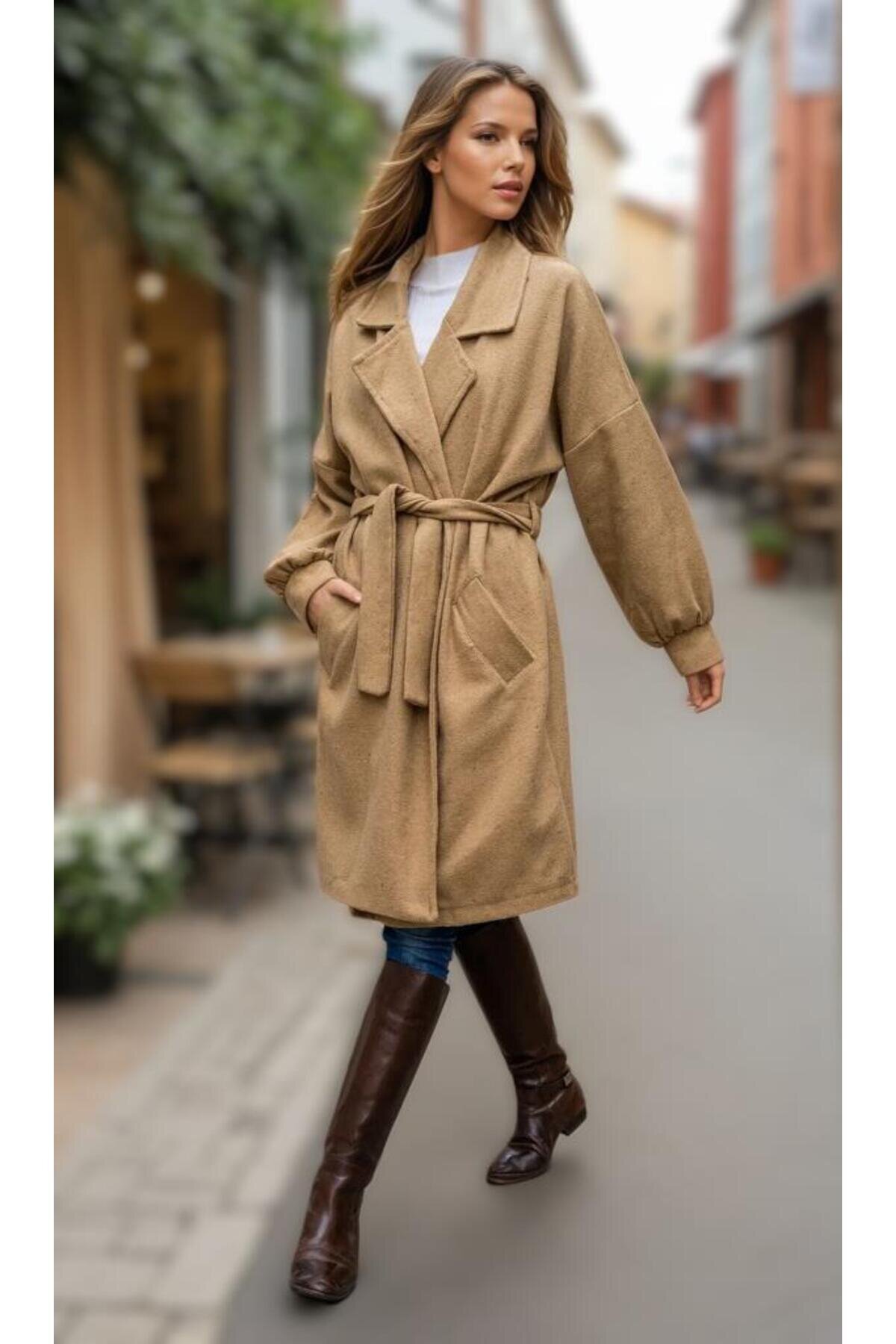 Midi Unlined Melton Modest Overcoat - Caramel Camel - Pasaklı Giyim
