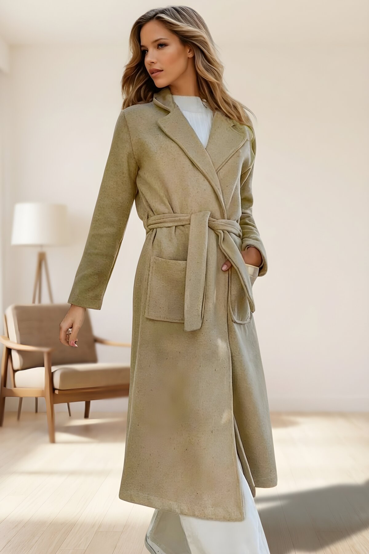 Karamel Uzun Şal Yaka Astarsız Kaşe Tesettür Kaban - Pasaklı Giyim