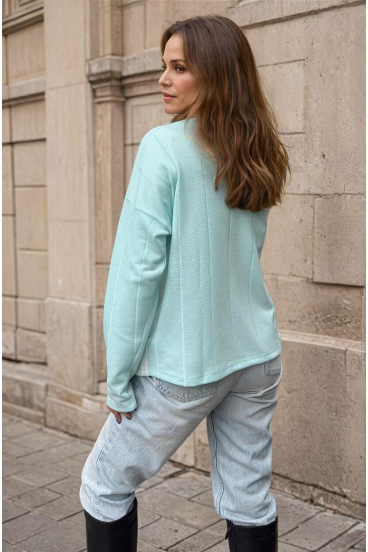 Loose Fine Acrylic Knit Asymmetrical Cut Modest Sweater - Mint - Pasaklı Giyim