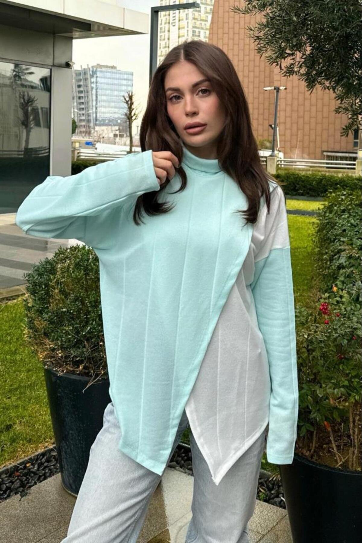 Loose Fine Acrylic Knit Asymmetrical Cut Modest Sweater - Mint - Pasaklı Giyim