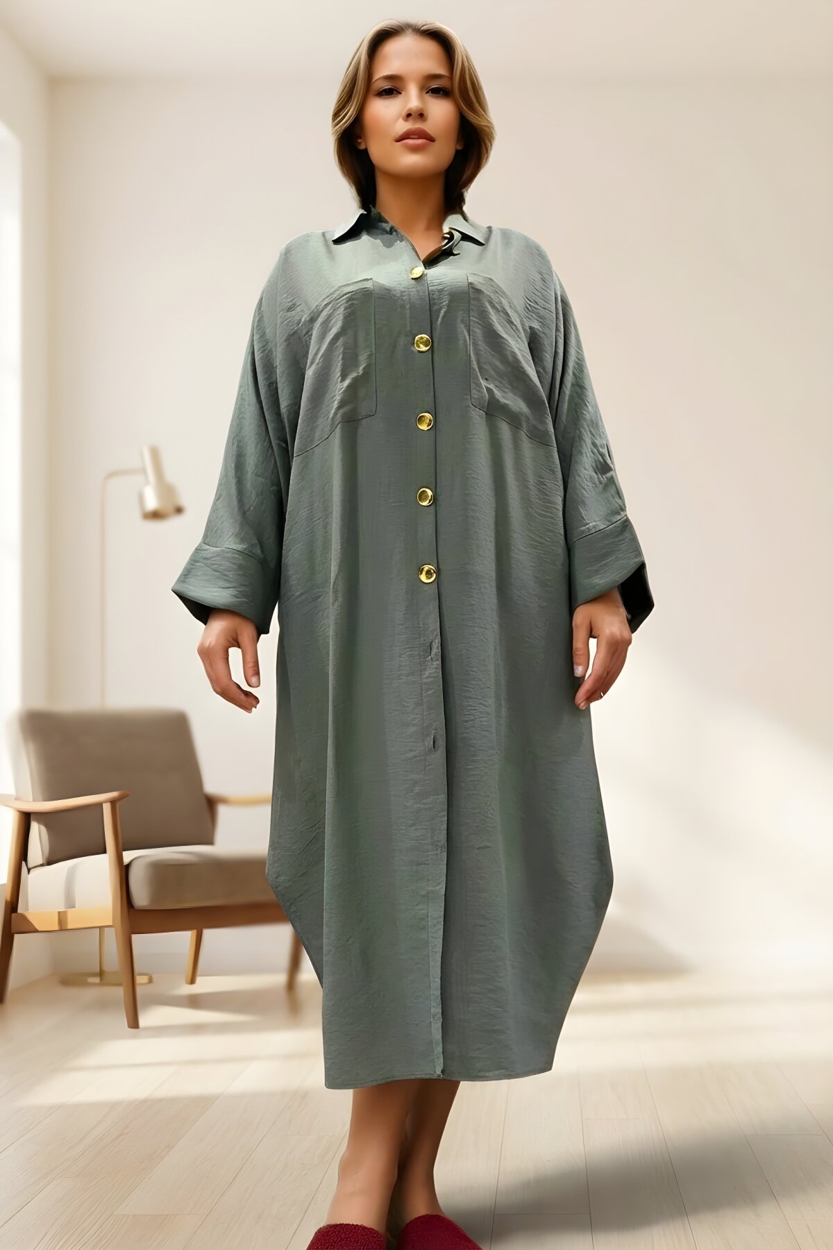 Mint Keten Karışımlı Yarasa Kol Tesettür Tunik - Pasaklı Giyim