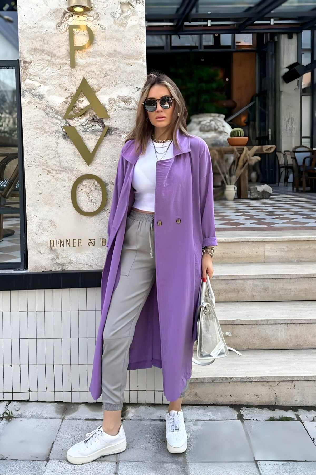 Mor Ekstra Bol Kesim Uzun Kemerli Düğmeli Trençkot - Pasaklı Giyim