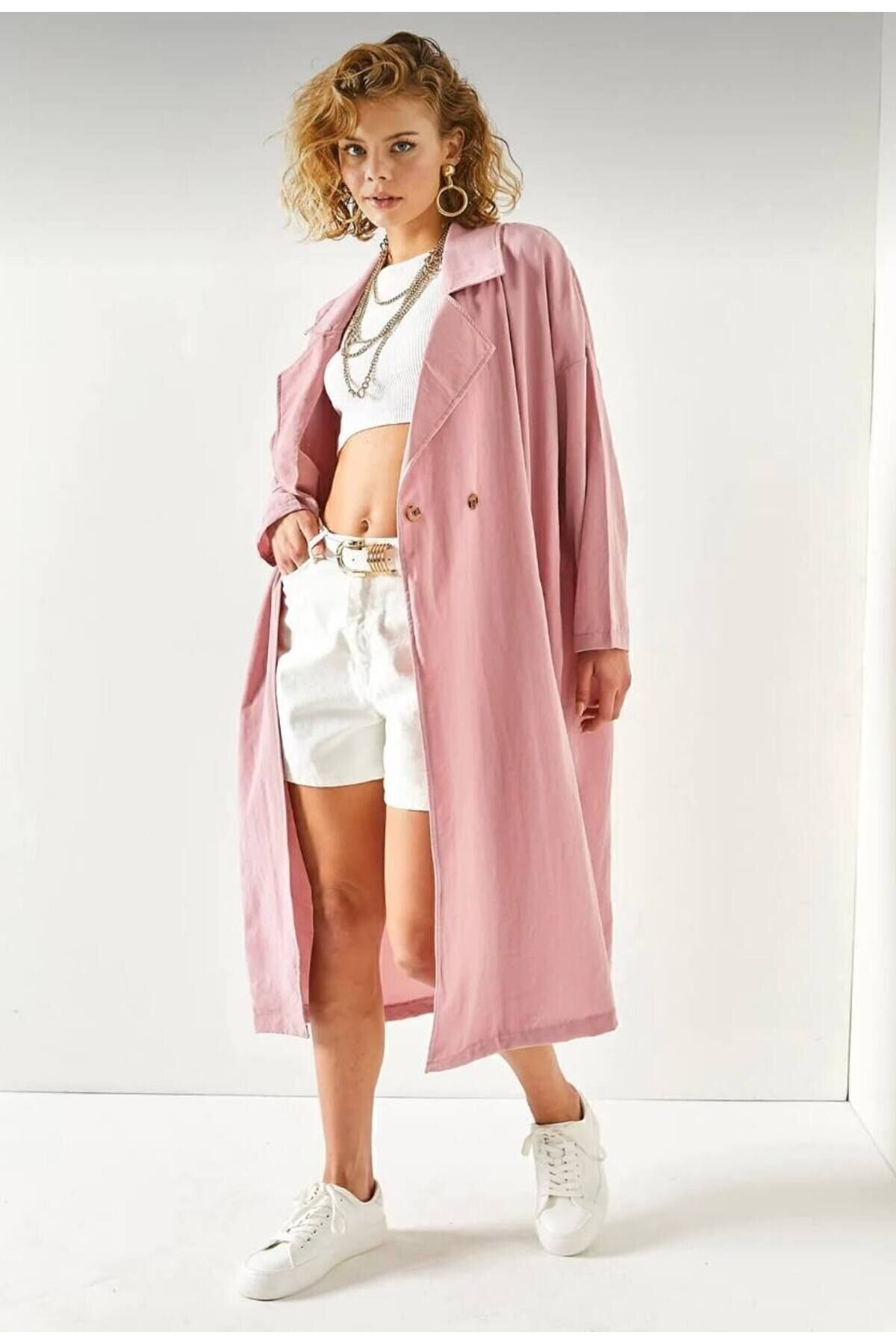 Long Extra Wide Fit Buttoned Belted Trench Coat - Pink - Pasaklı Giyim