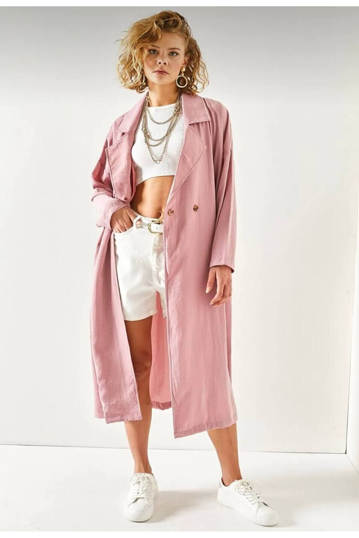 Long Extra Wide Fit Buttoned Belted Trench Coat - Pink - Pasaklı Giyim