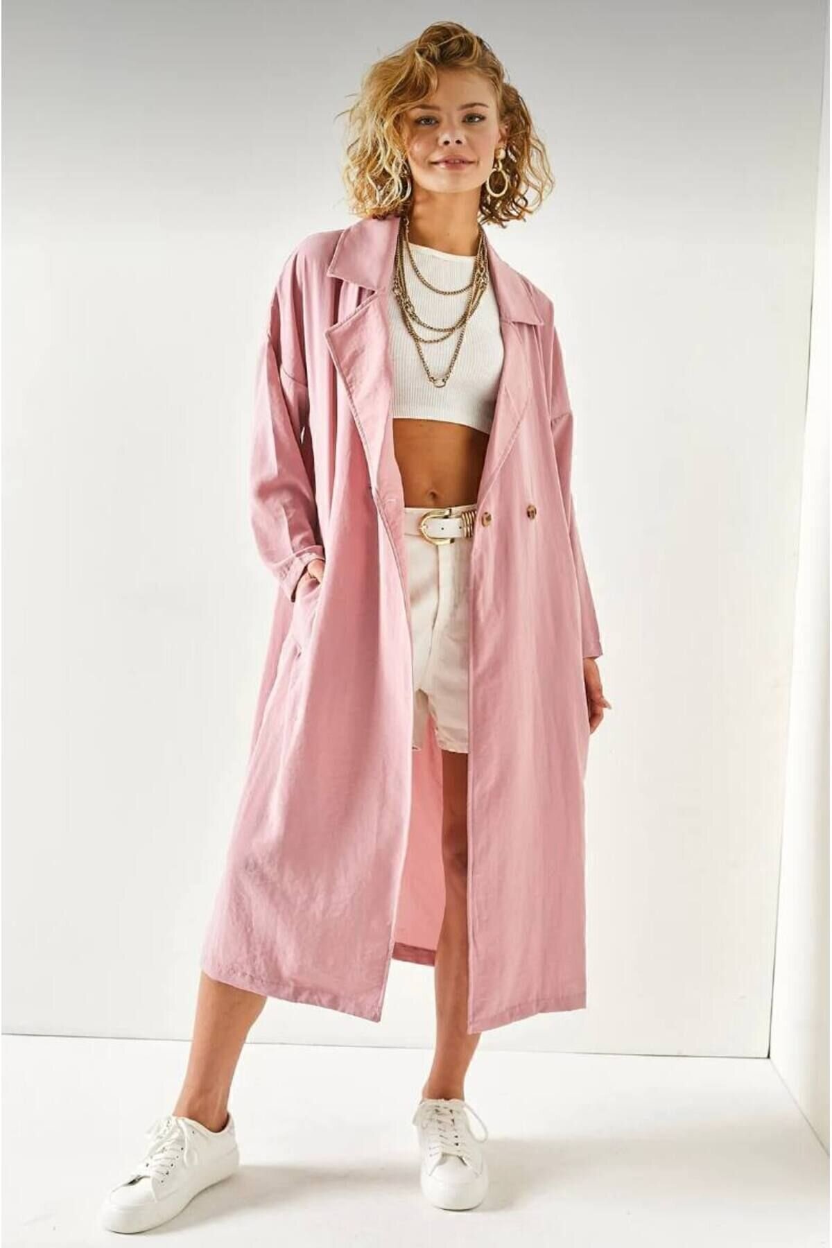 Long Extra Wide Fit Buttoned Belted Trench Coat - Pink - Pasaklı Giyim