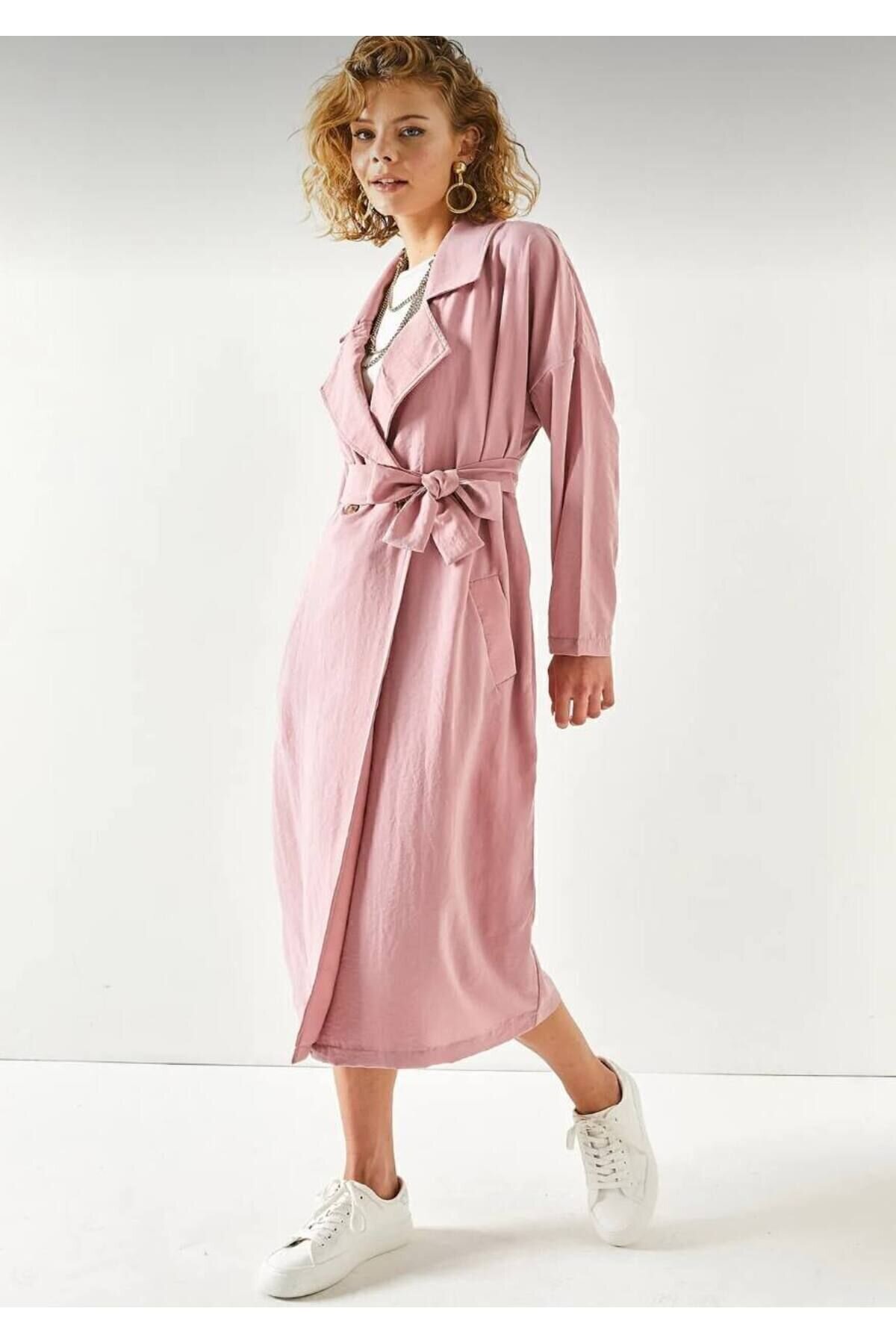 Long Extra Wide Fit Buttoned Belted Trench Coat - Pink - Pasaklı Giyim