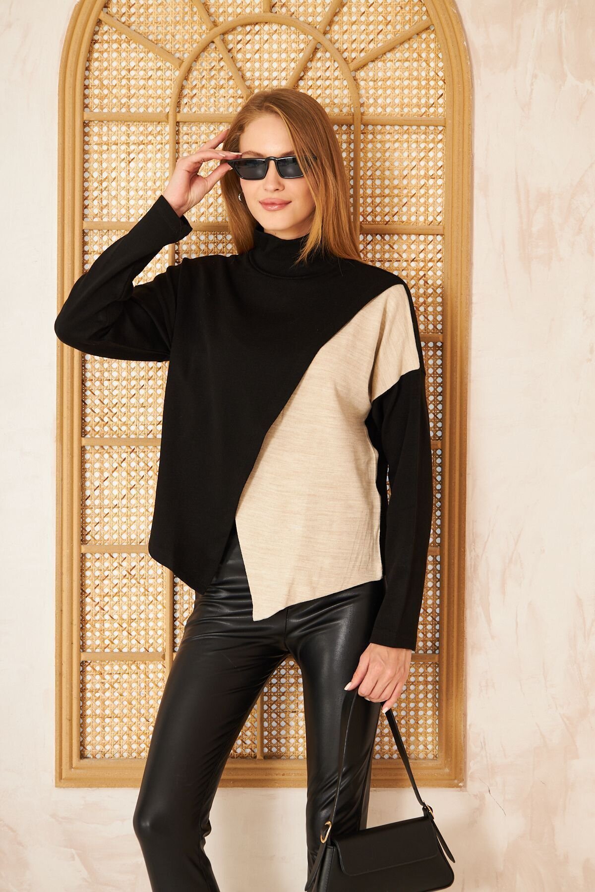 Asymmetric Two-Layer Turtleneck Modest Sweater - Black Beige - Pasaklı Giyim