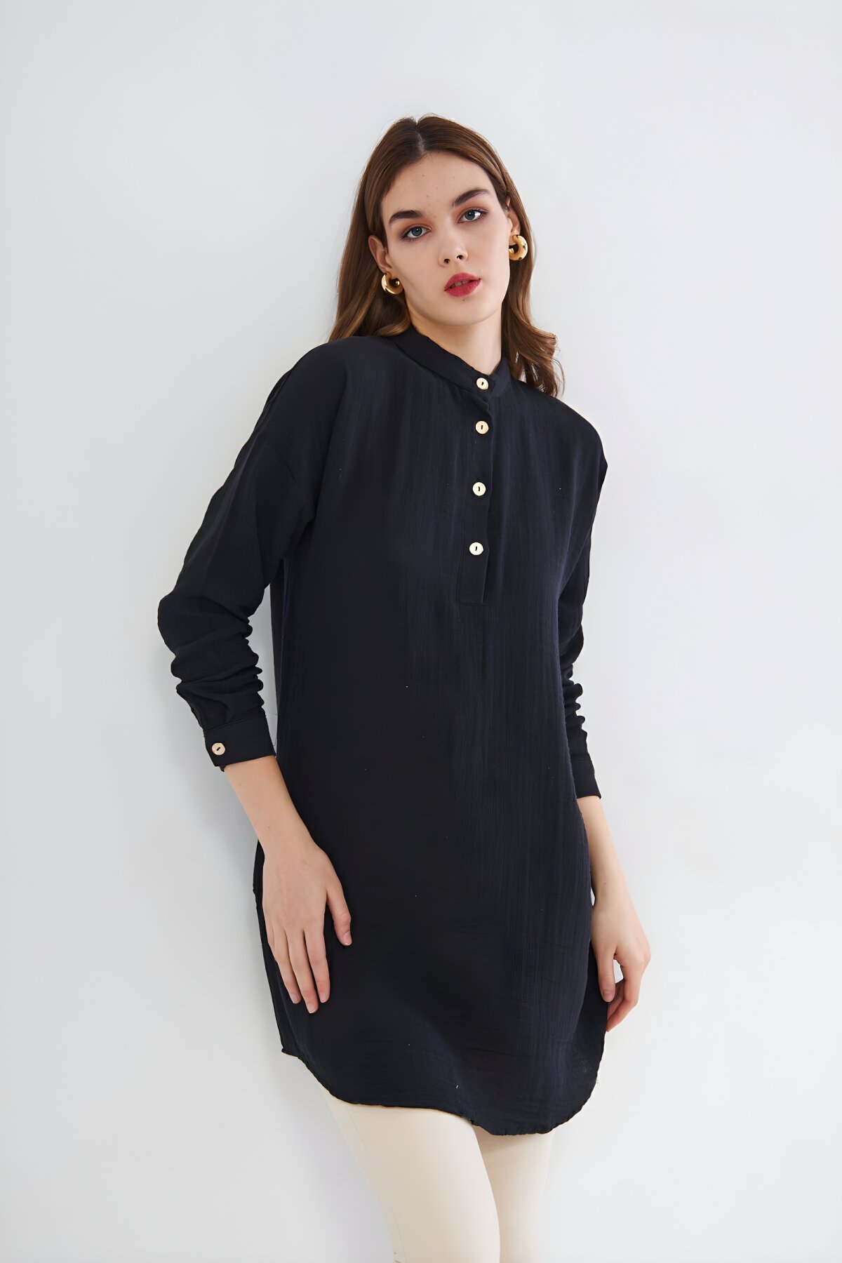 Siyah Muslin Hakim Yaka Cepli Yazlık Tunik - Pasaklı Giyim