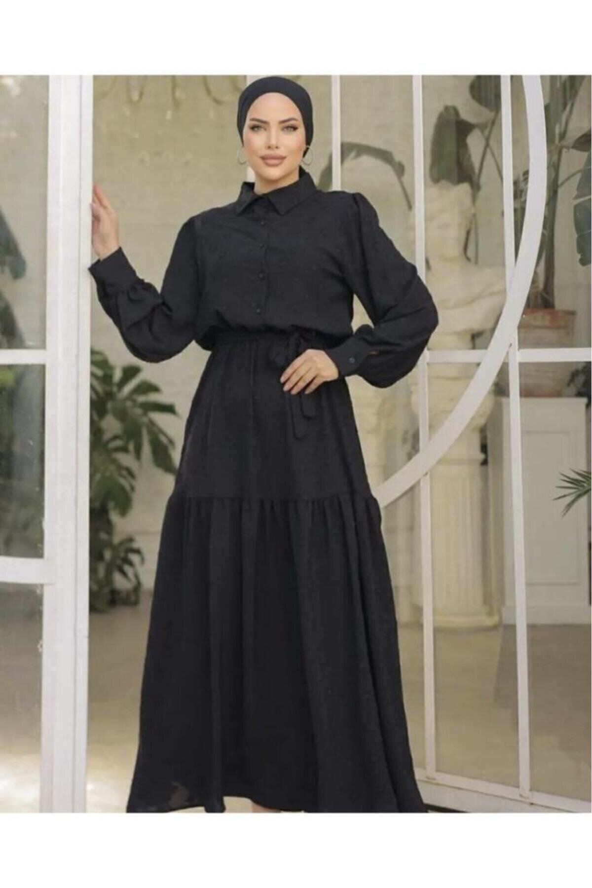 Long Plus Size Balloon-Sleeve Modest Dress - Black - Pasaklı Giyim