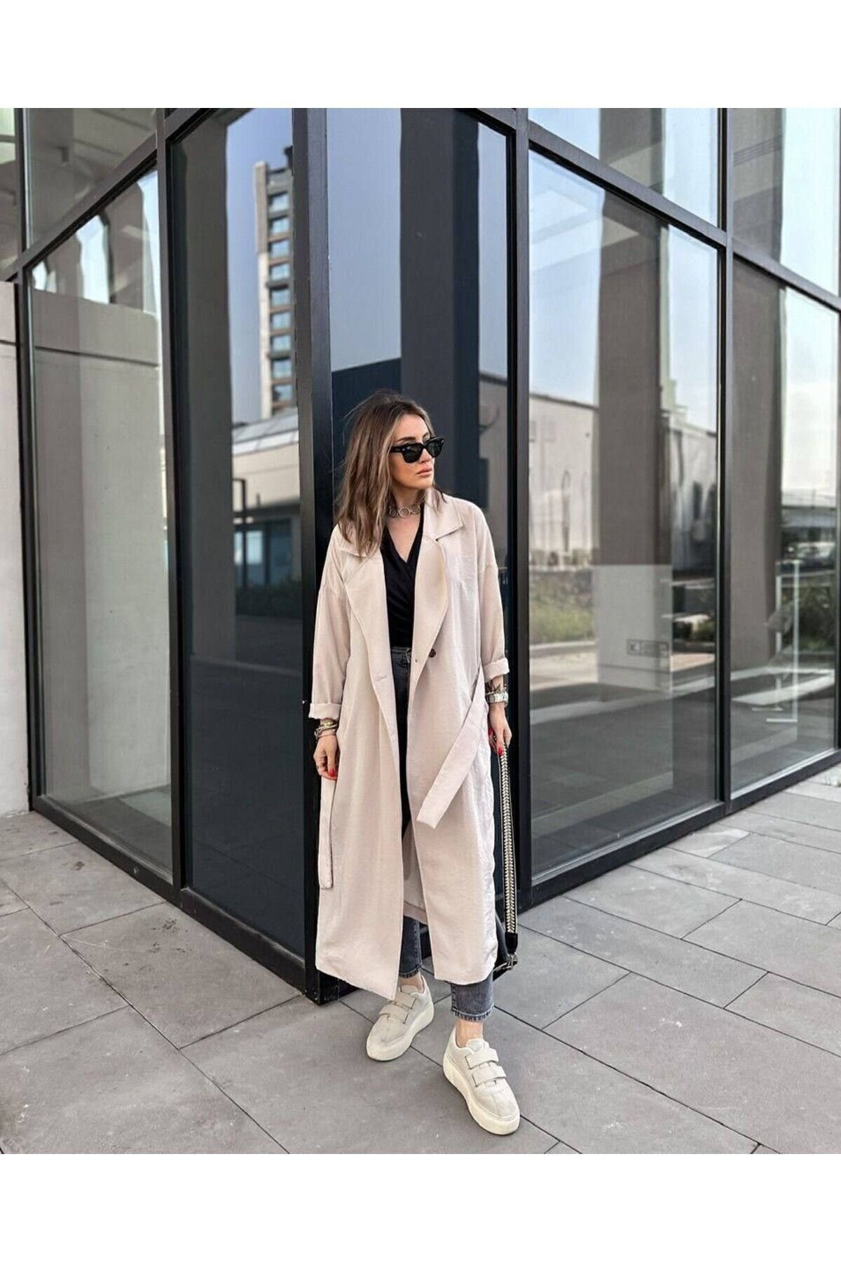 Long Extra Oversized Fit Belted Trench Coat - Stone - Pasaklı Giyim
