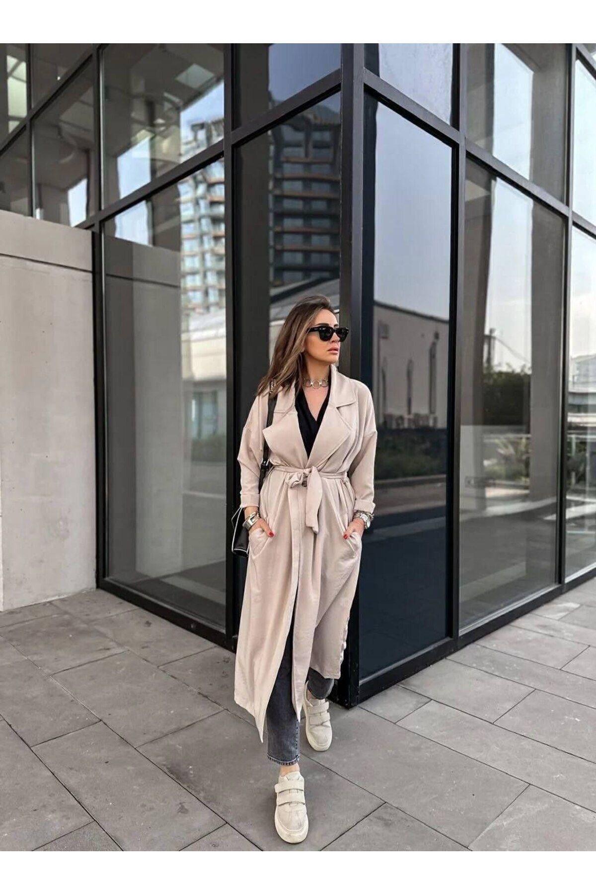 Long Extra Oversized Fit Belted Trench Coat - Stone - Pasaklı Giyim