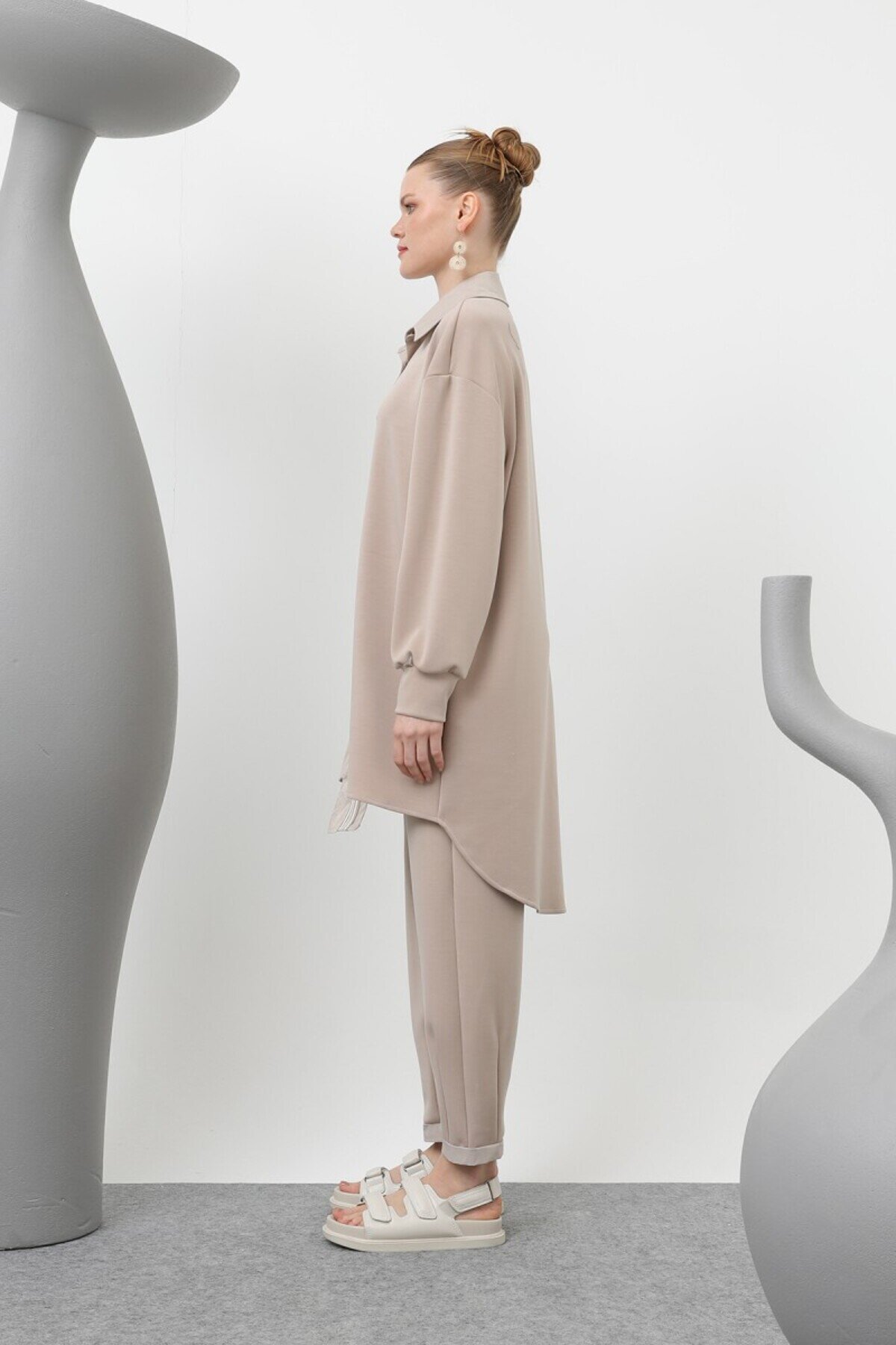 Two-Piece Modal Fabric Parachute Trim Modest Set - Beige - Puane