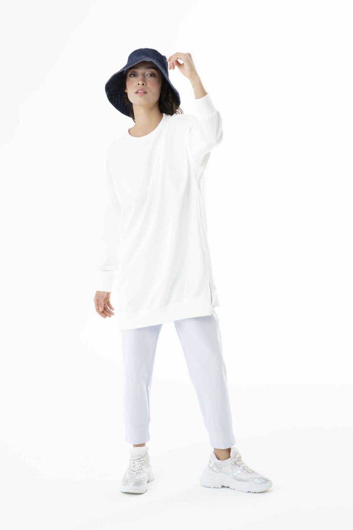 Basic Sweatshirt Two-Thread Fabric Modest Tunic - Ecru - Puane