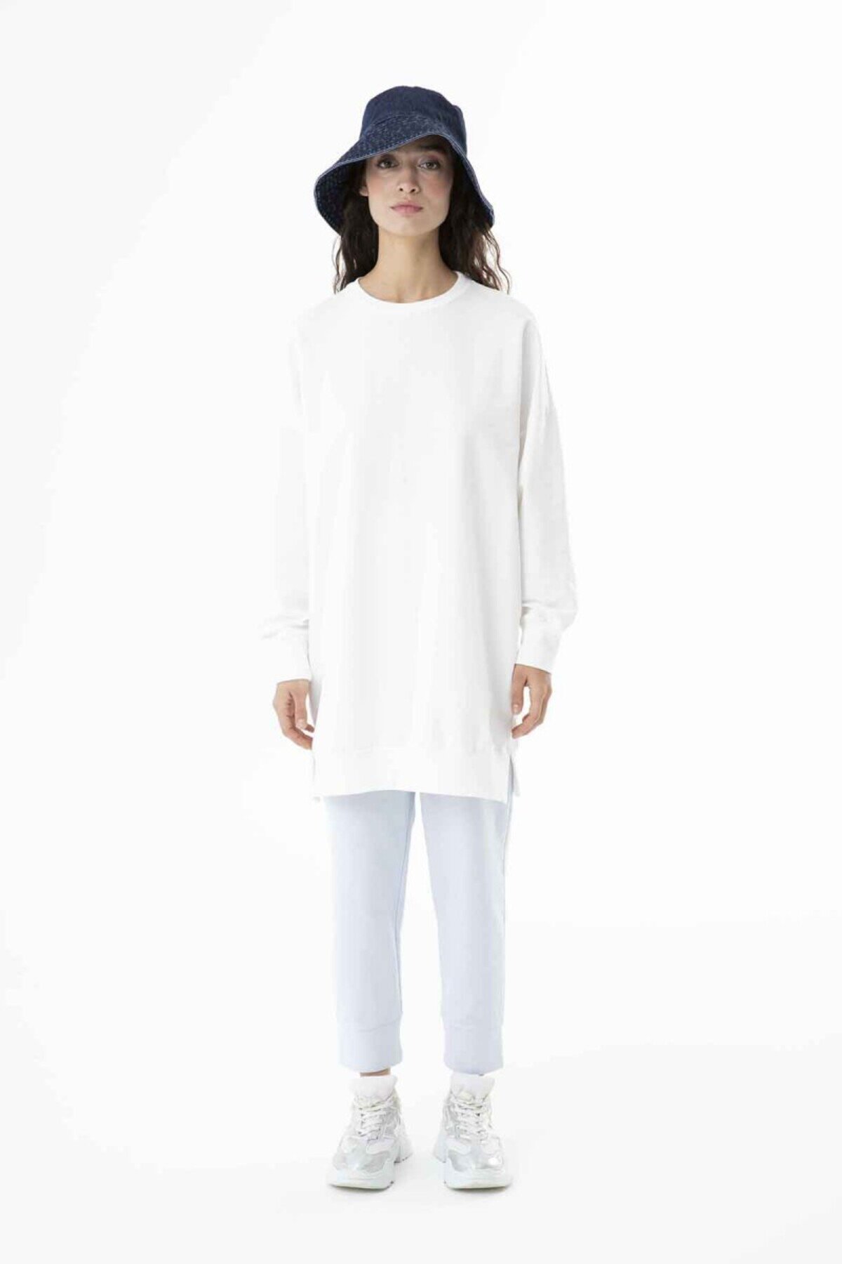 Basic Sweatshirt Two-Thread Fabric Modest Tunic - Ecru - Puane