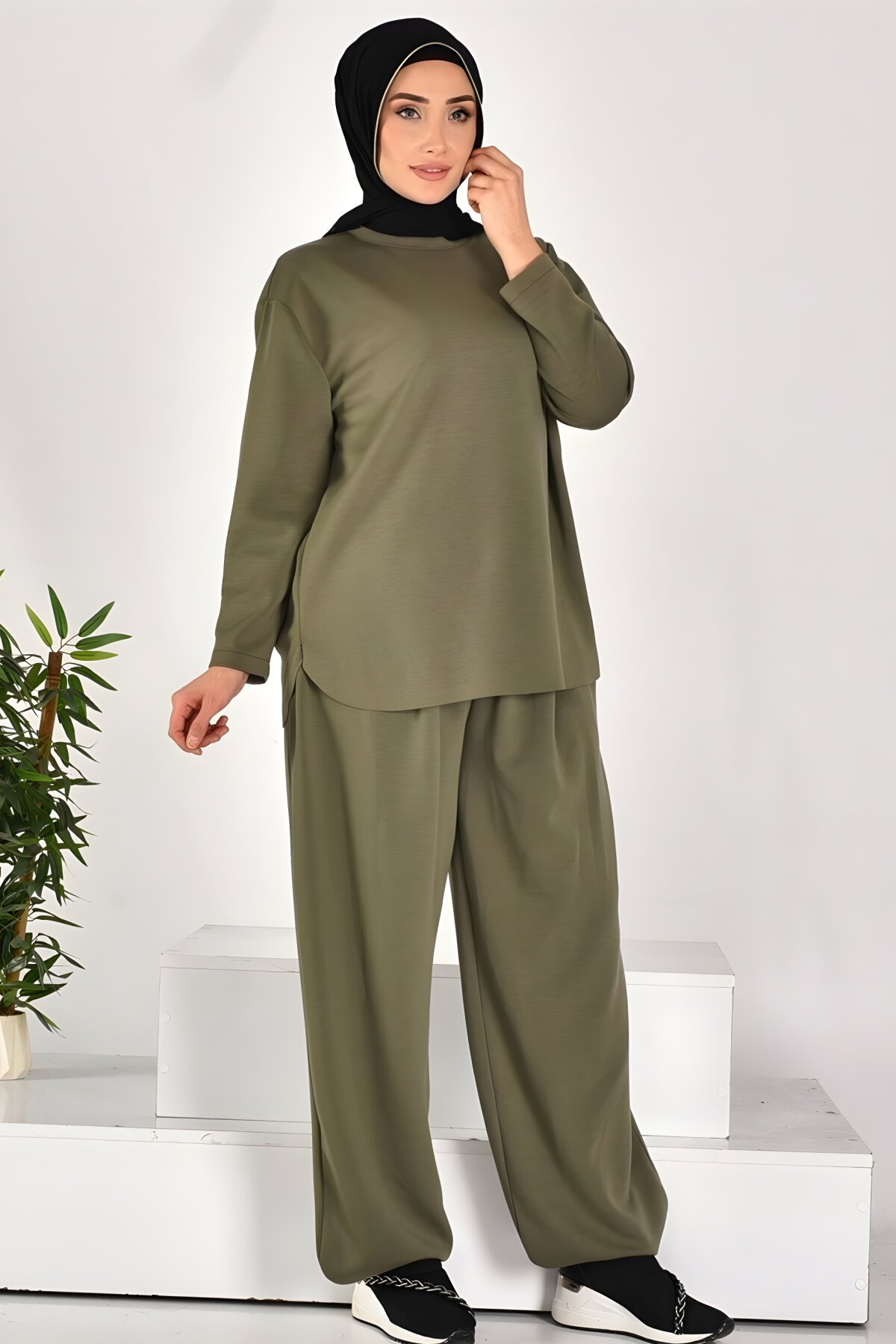 Haki İkili Scuba Kumaş Tesettür Takım - Puane