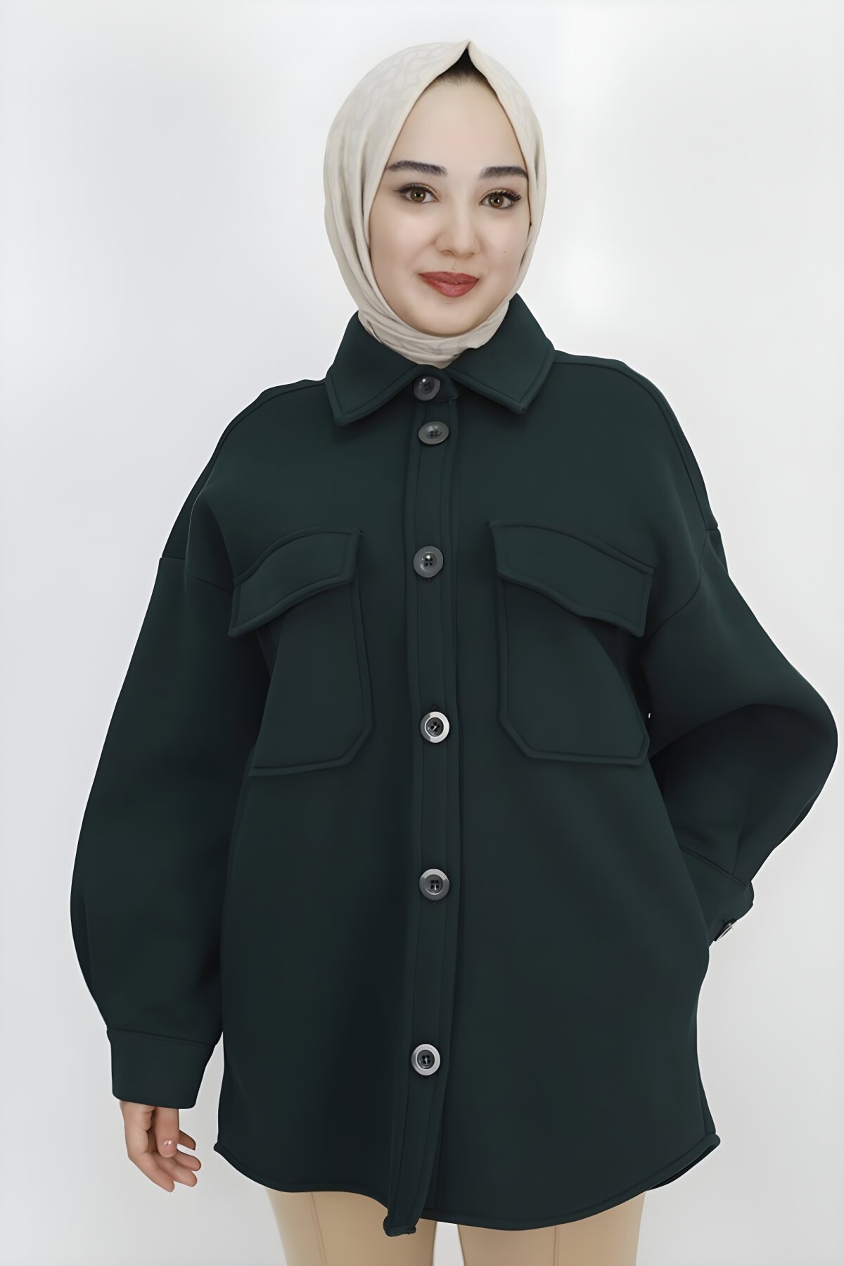 Haki İp Kumaş İçi Pamuklu Cepli Tesettür Ceket - Puane