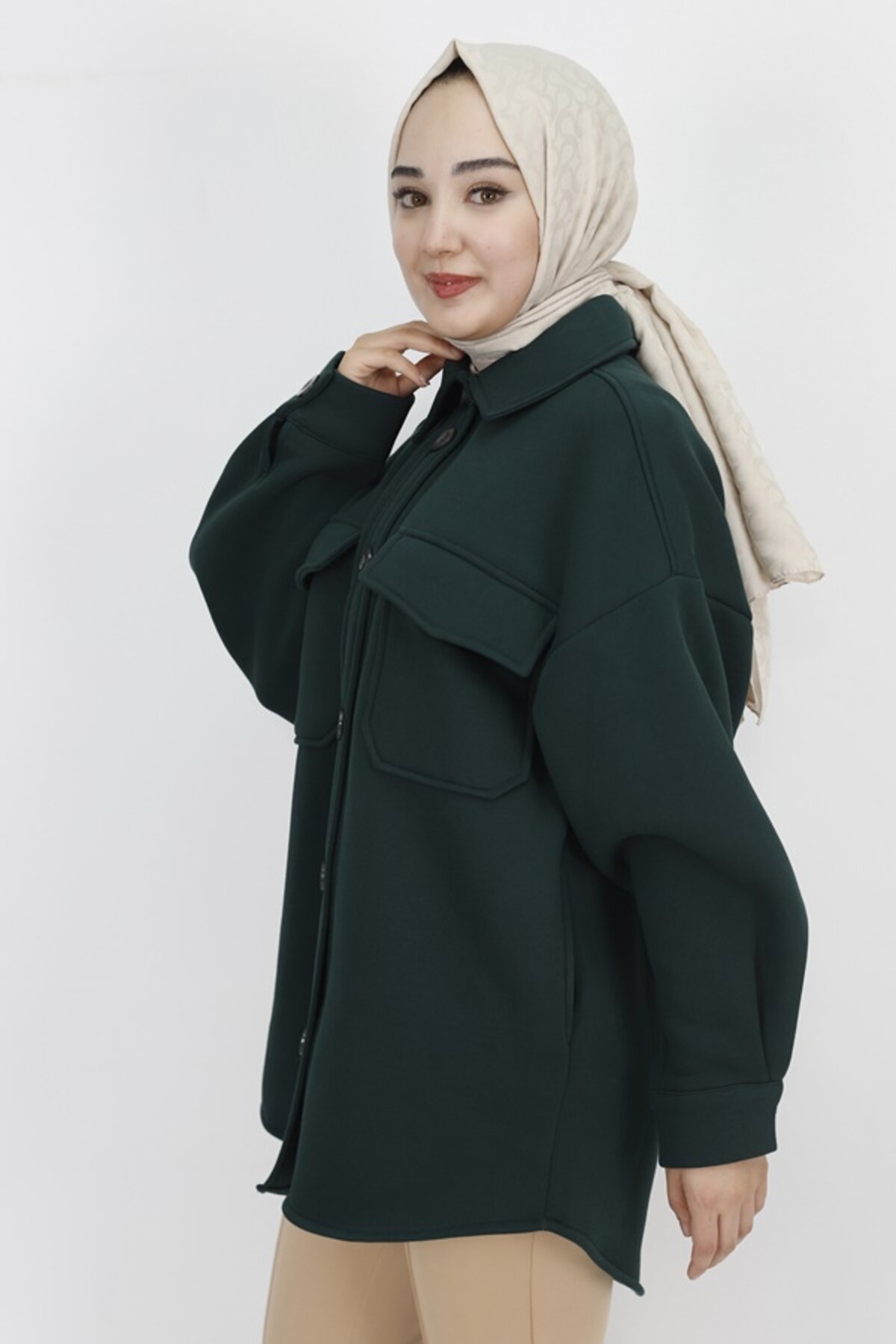 Cotton-Lined Textured Rope Fabric Pocketed Modest Jacket - Khaki - Puane