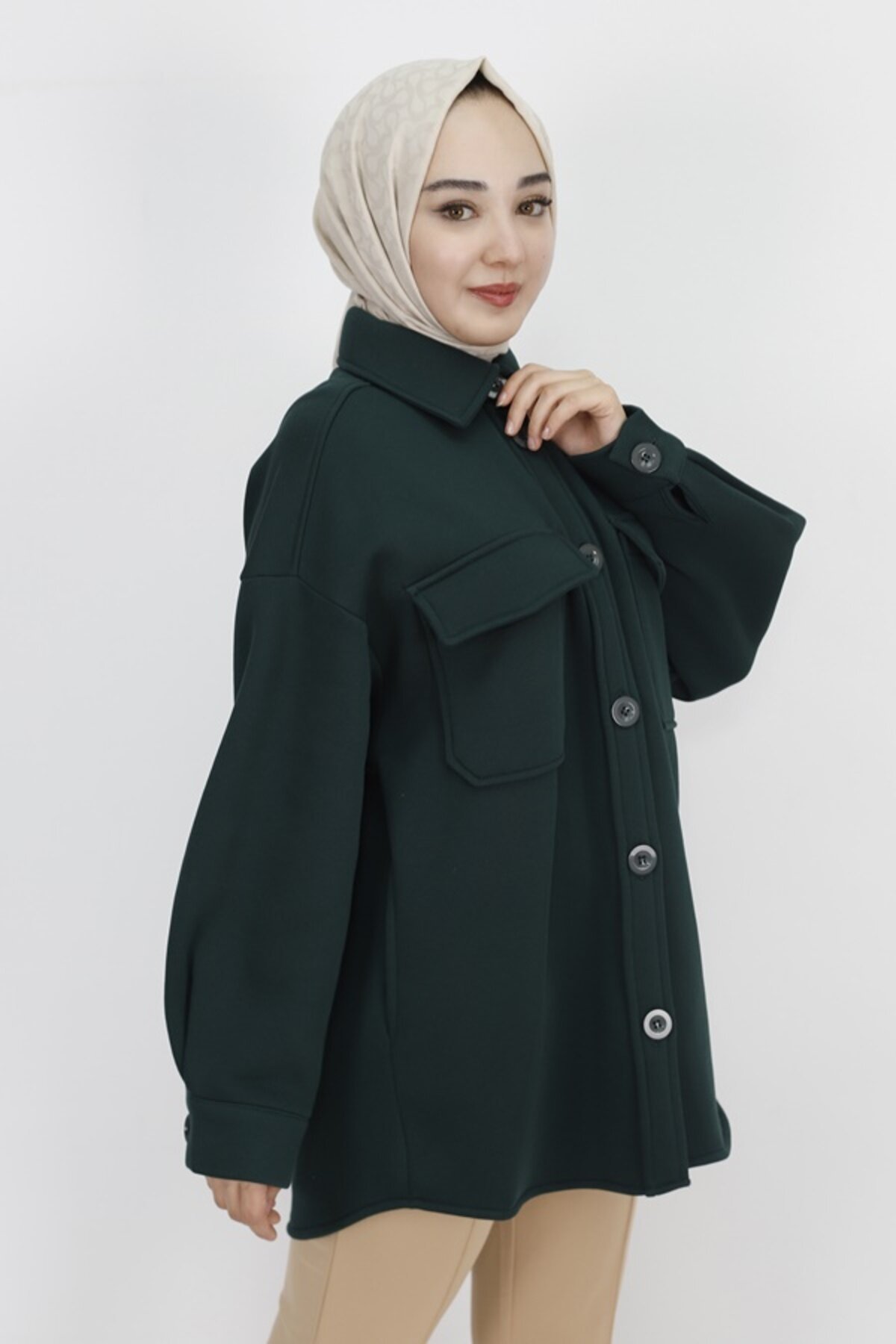 Cotton-Lined Textured Rope Fabric Pocketed Modest Jacket - Khaki - Puane